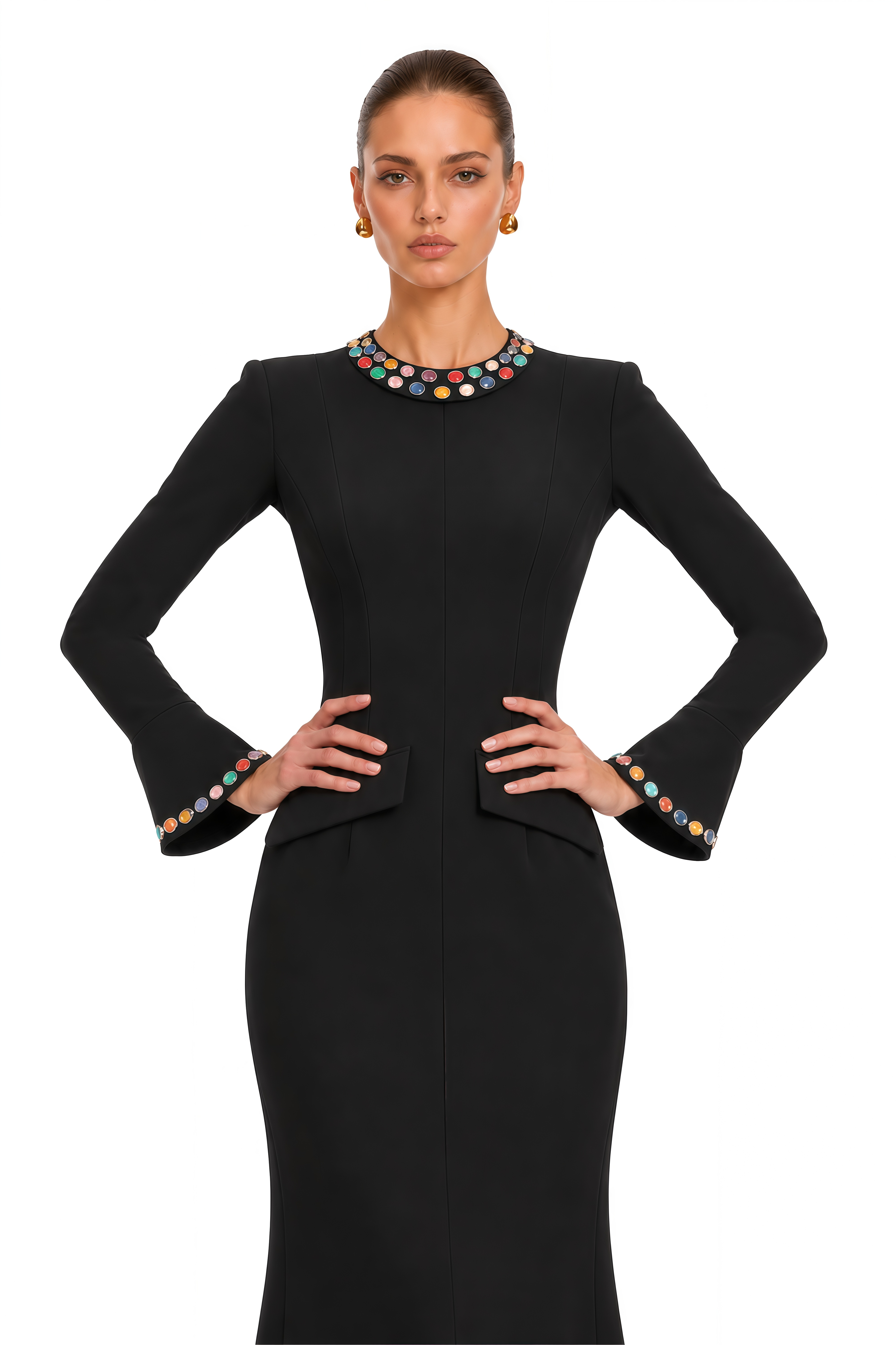 Sabrielle Black Jewel Trim Flared Sleeve Maxi Dress