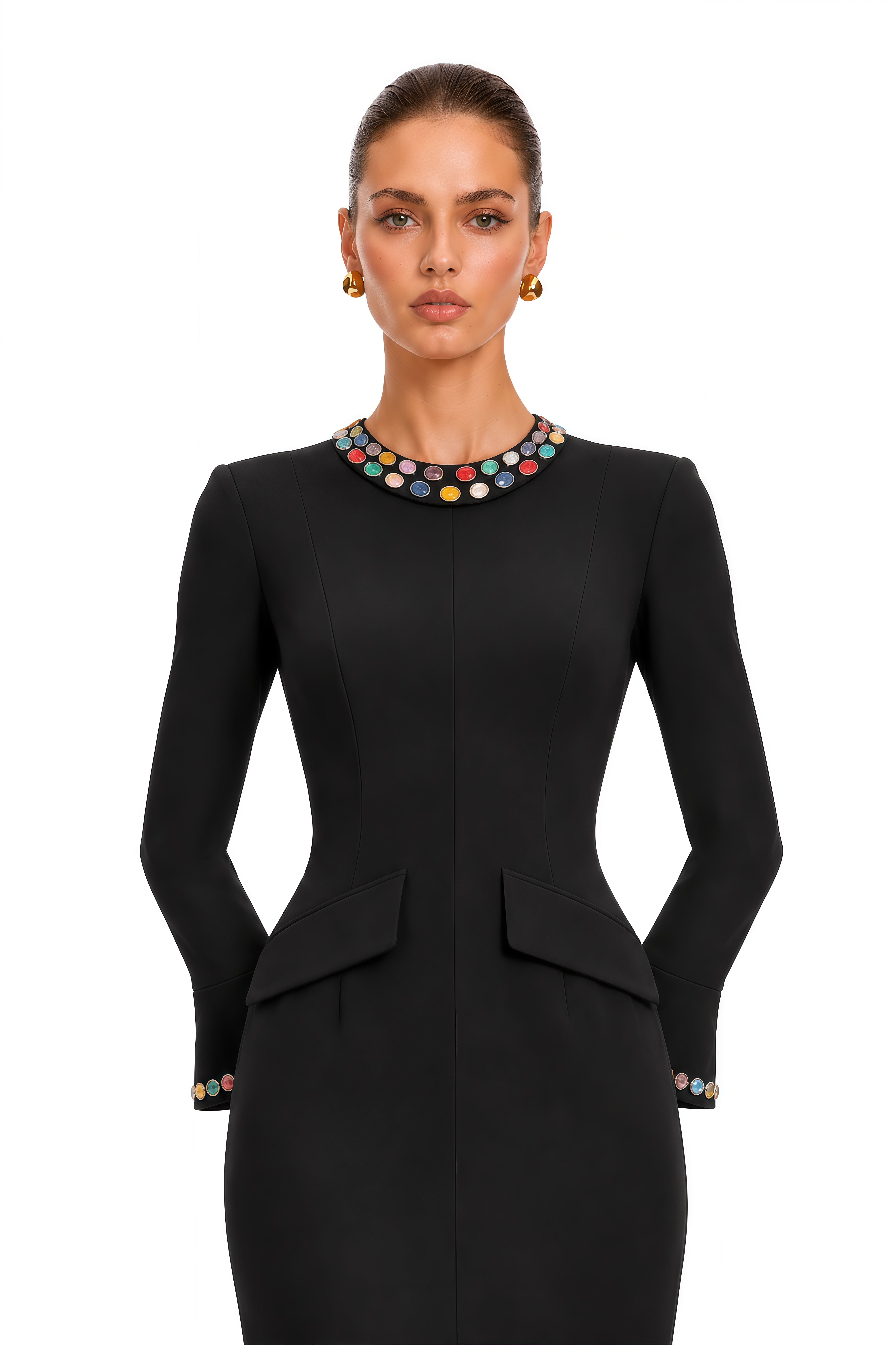 Sabrielle Black Jewel Trim Flared Sleeve Maxi Dress