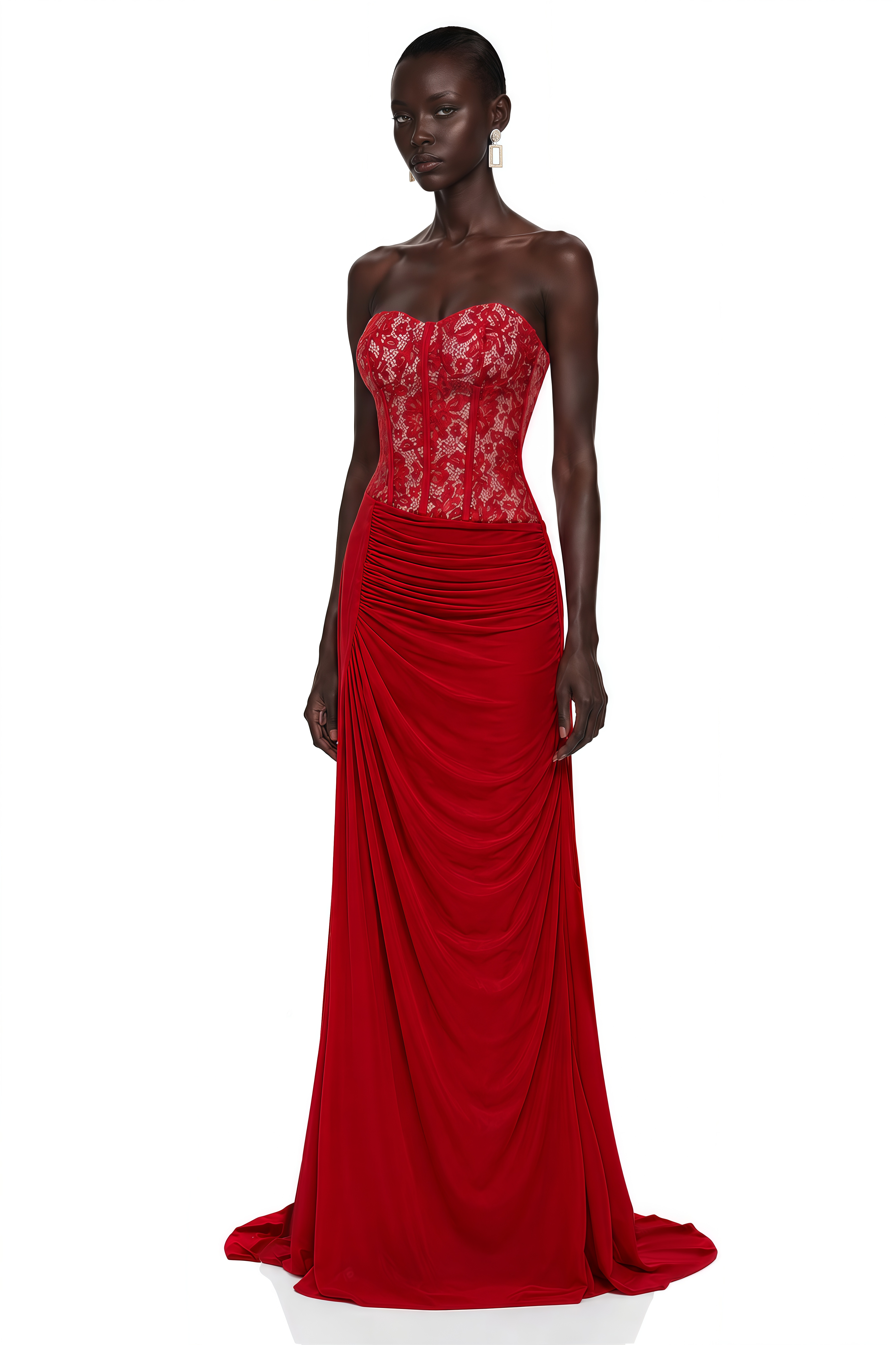Red strapless gown with lace corset bodice and draped skirt
