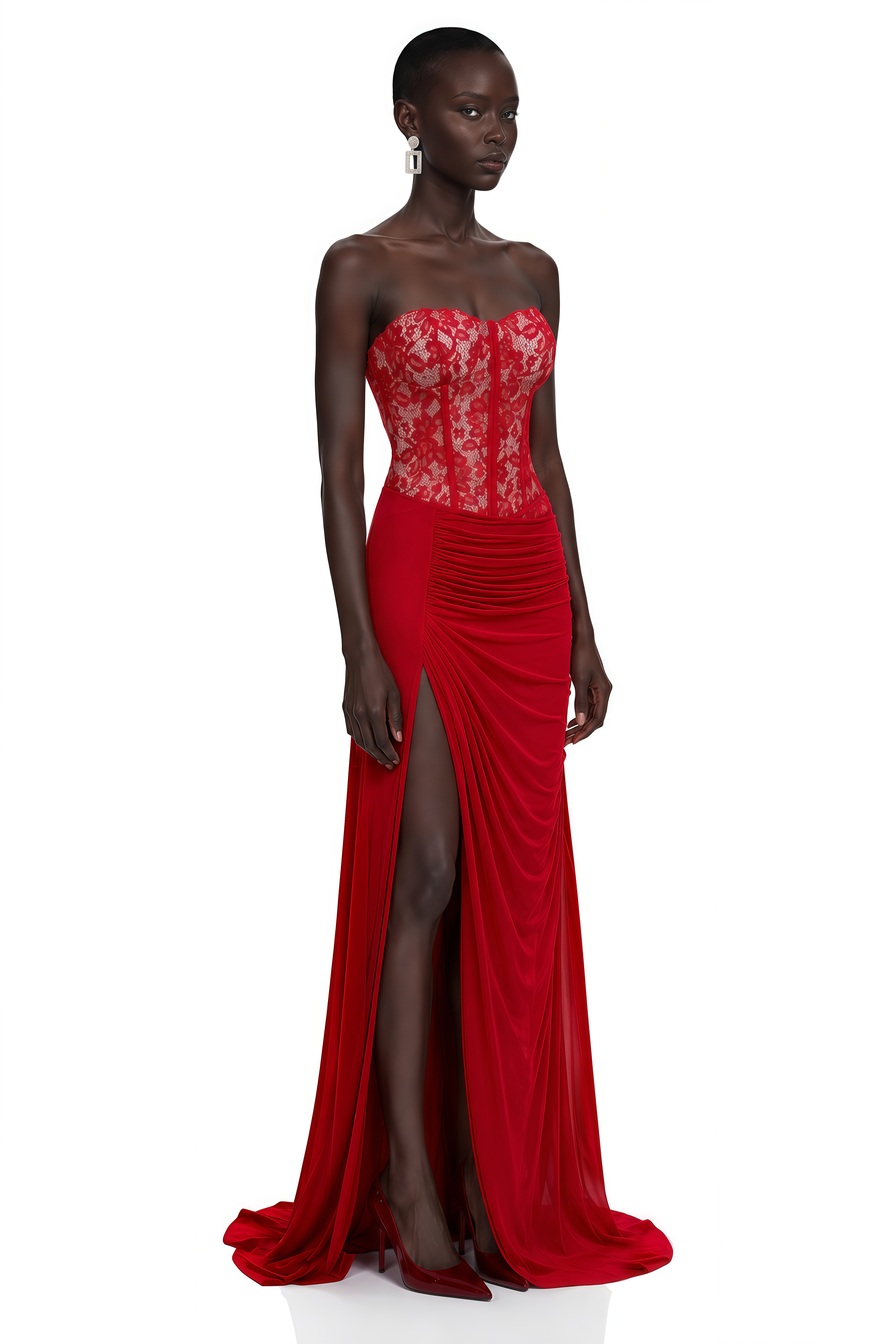 Red strapless gown with lace corset bodice and draped skirt