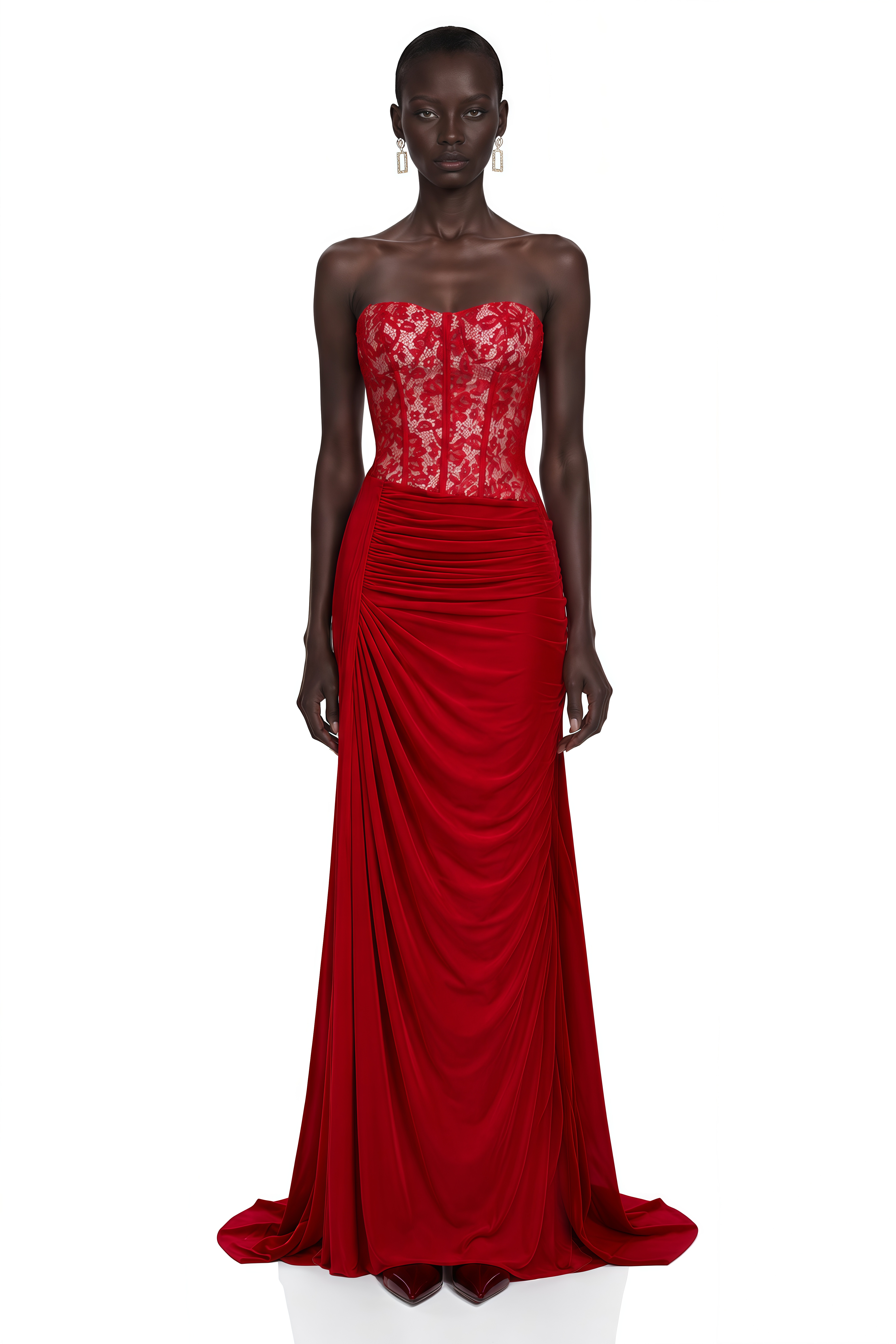 Red strapless gown with lace corset bodice and draped skirt