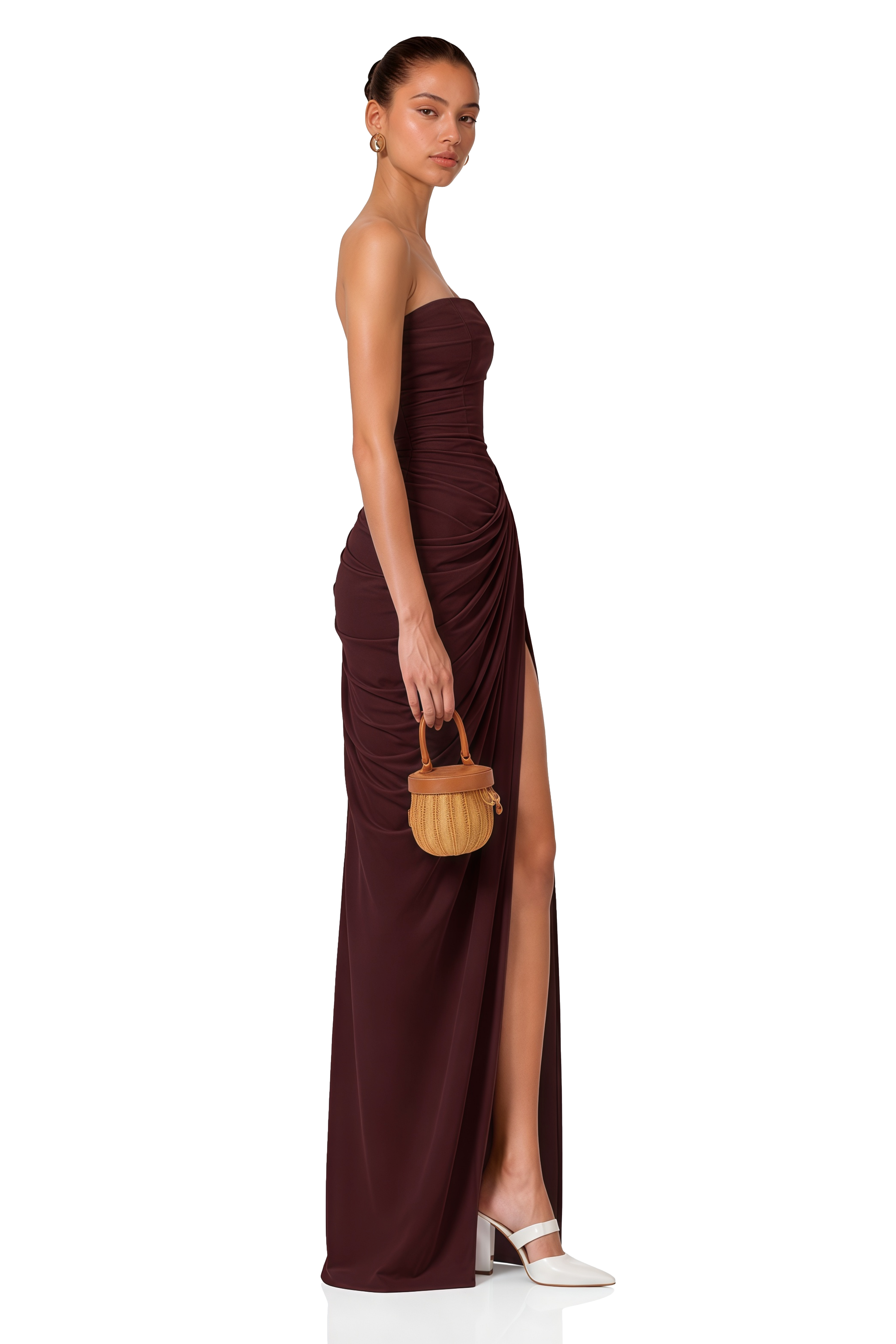Safiya Brown Ruched Maxi Dress with Cross Front