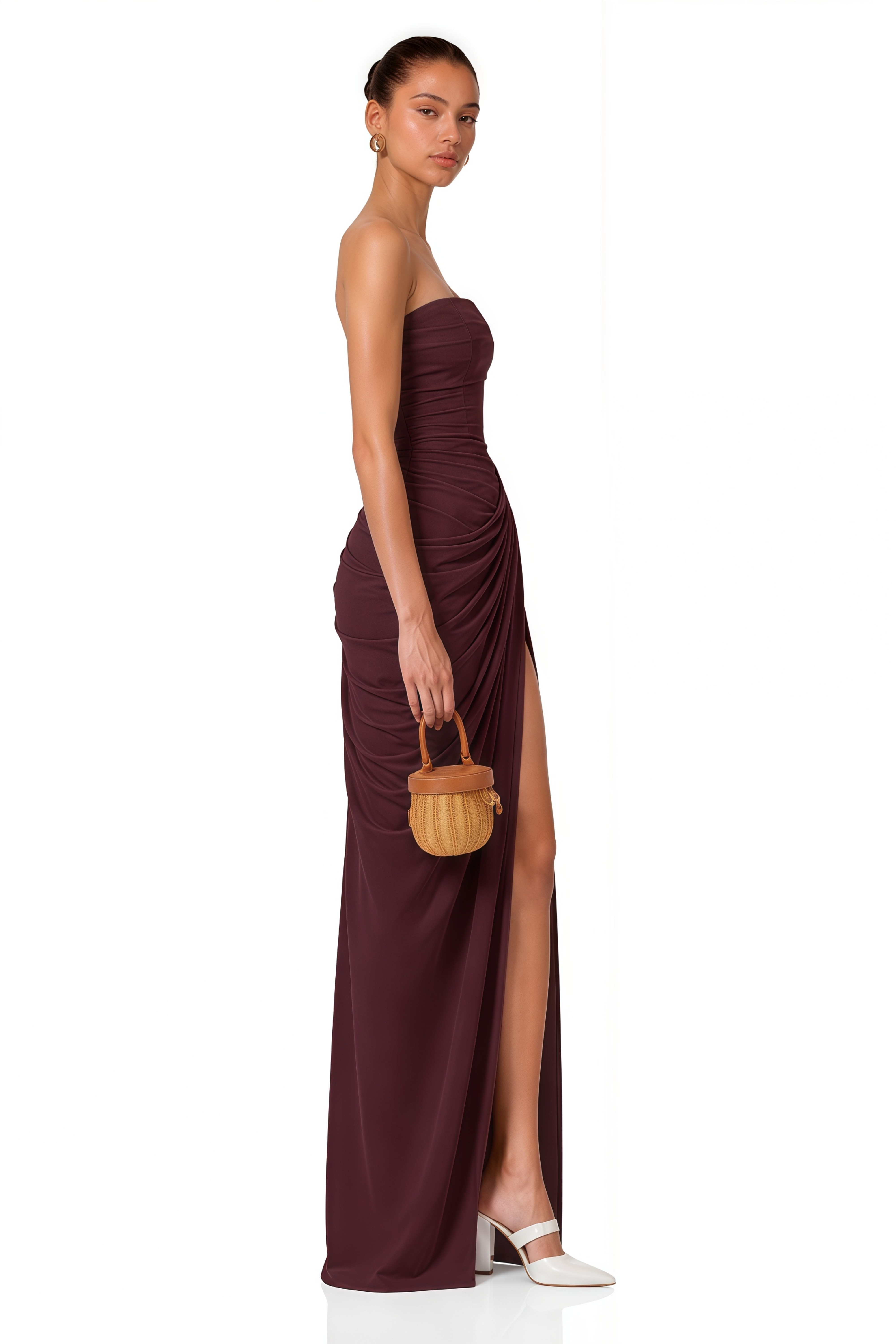 Safiya Brown Ruched Maxi Dress with Cross Front