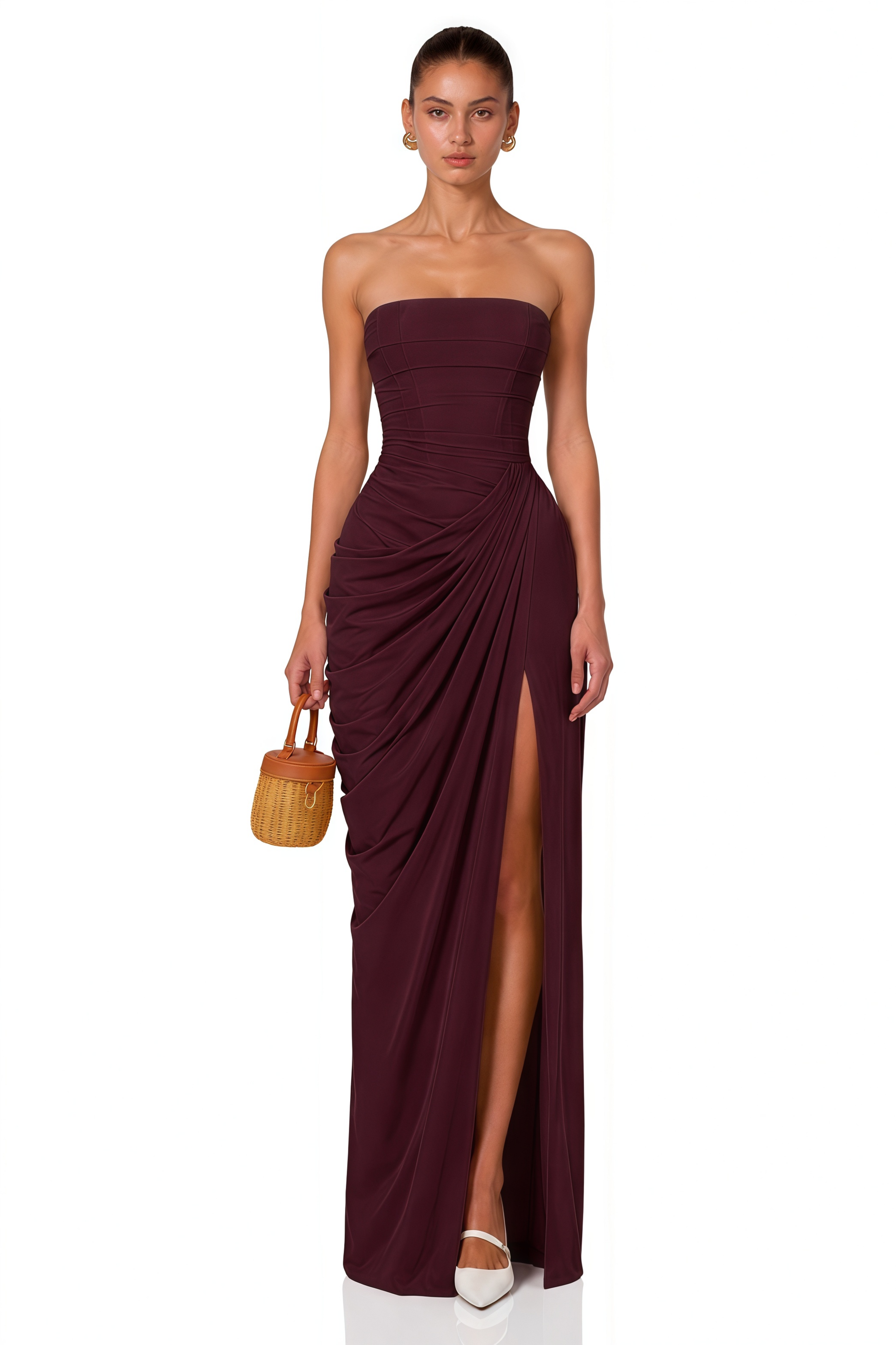 Safiya Brown Ruched Maxi Dress with Cross Front – Miss Rosier