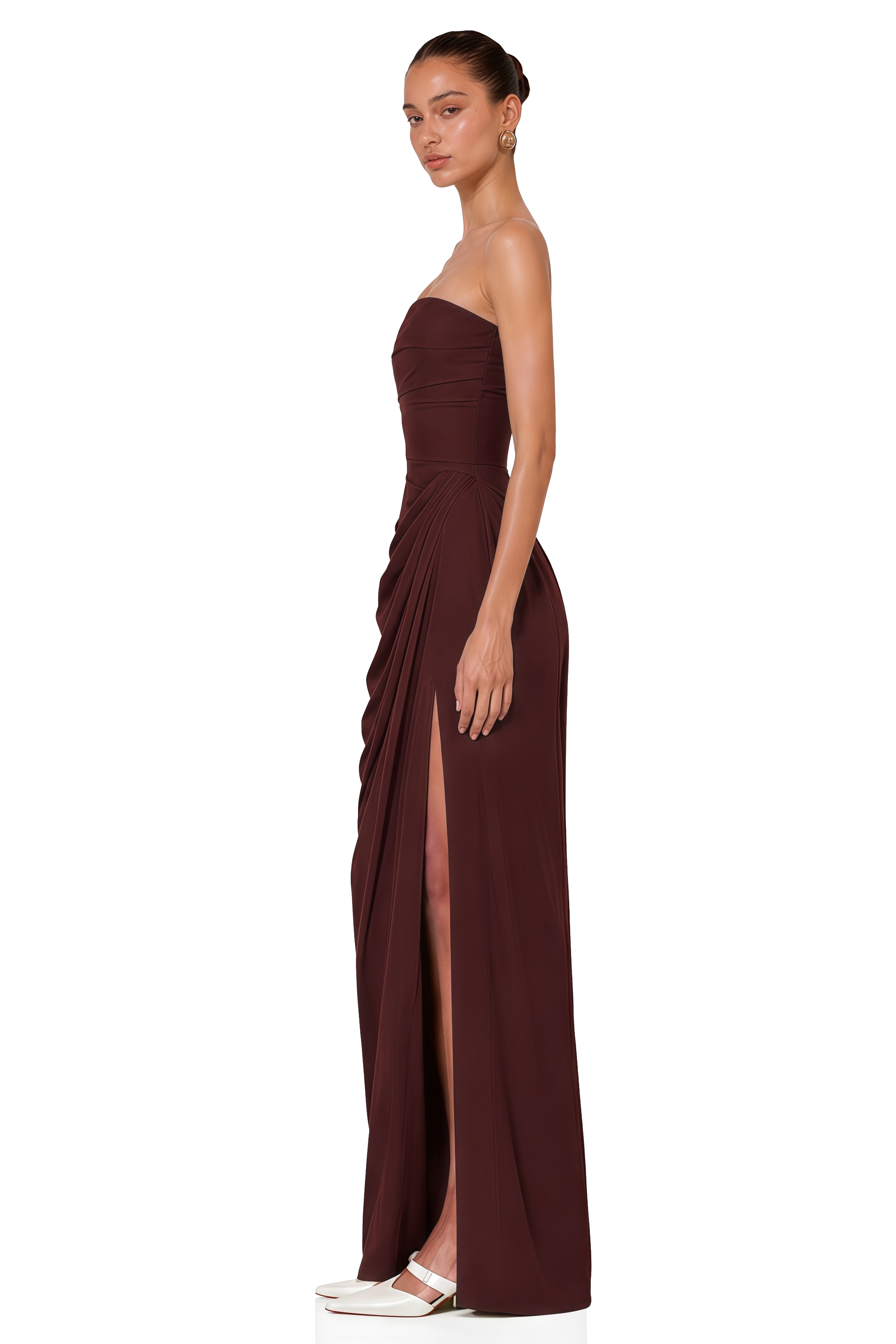 Safiya Brown Ruched Maxi Dress with Cross Front