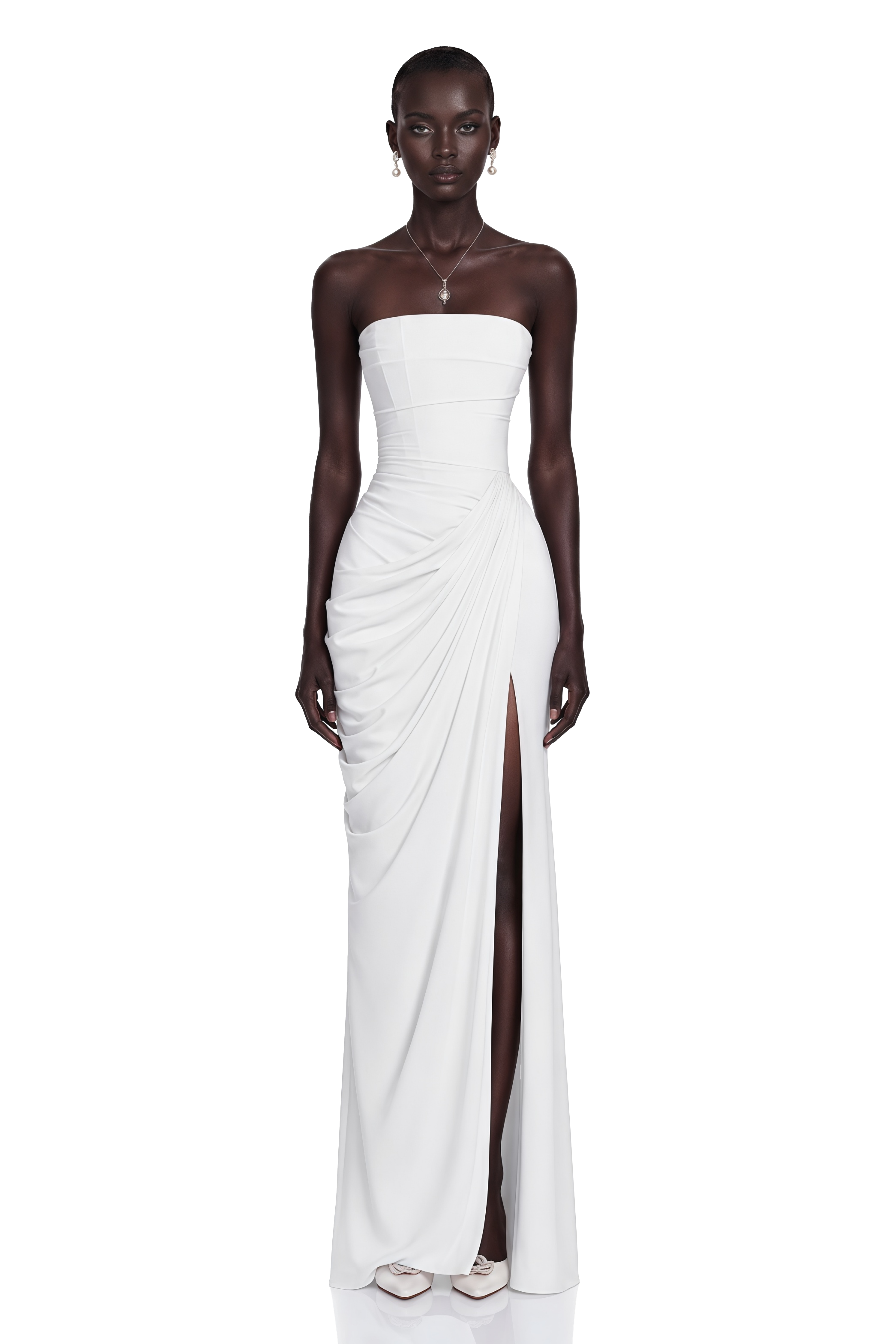 Safiya White Ruched Maxi Dress with Cross Front