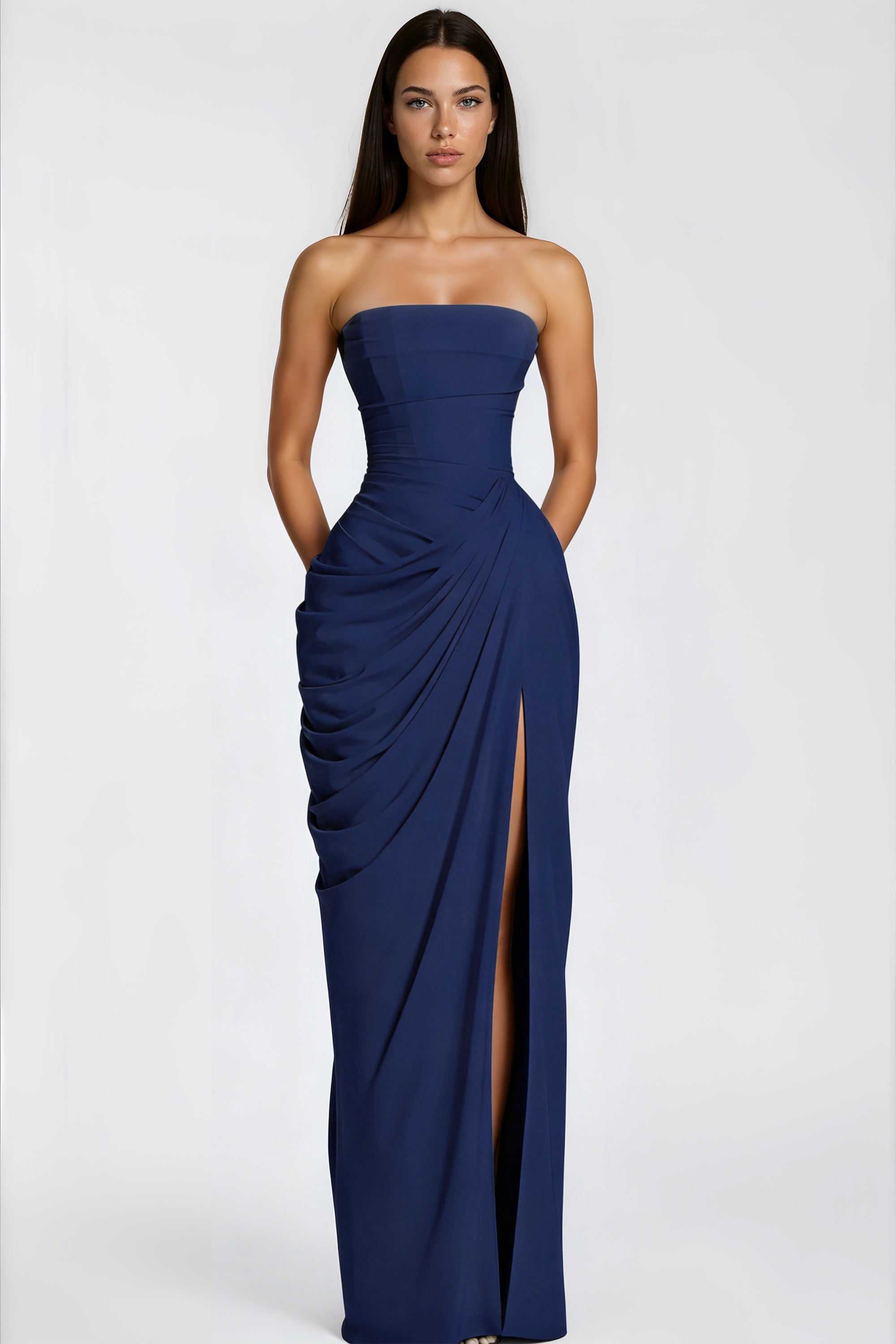 Navy Blue Strapless Ruched Maxi Dress with High Leg Slit
