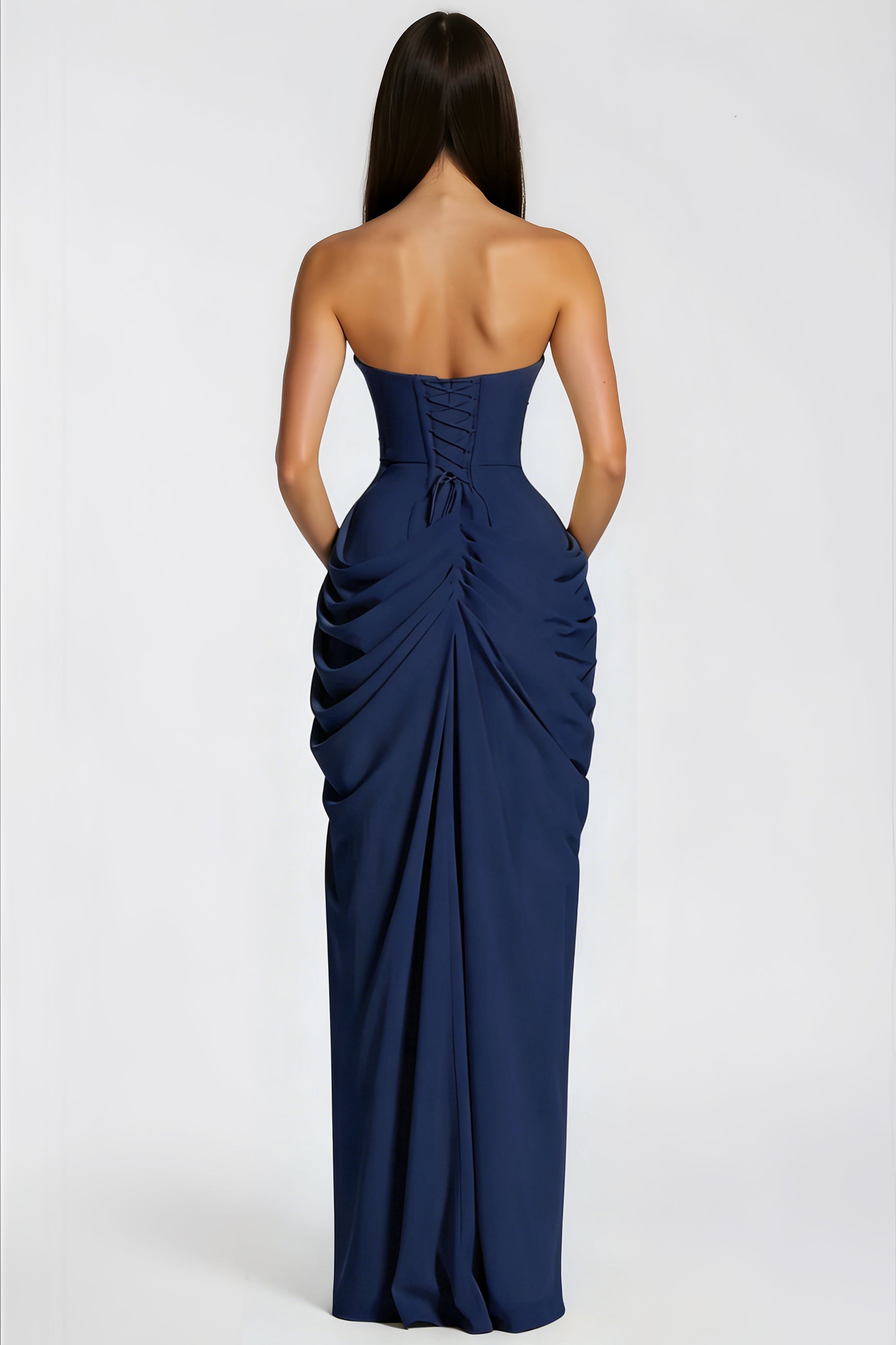 Navy Blue Strapless Ruched Maxi Dress with High Leg Slit