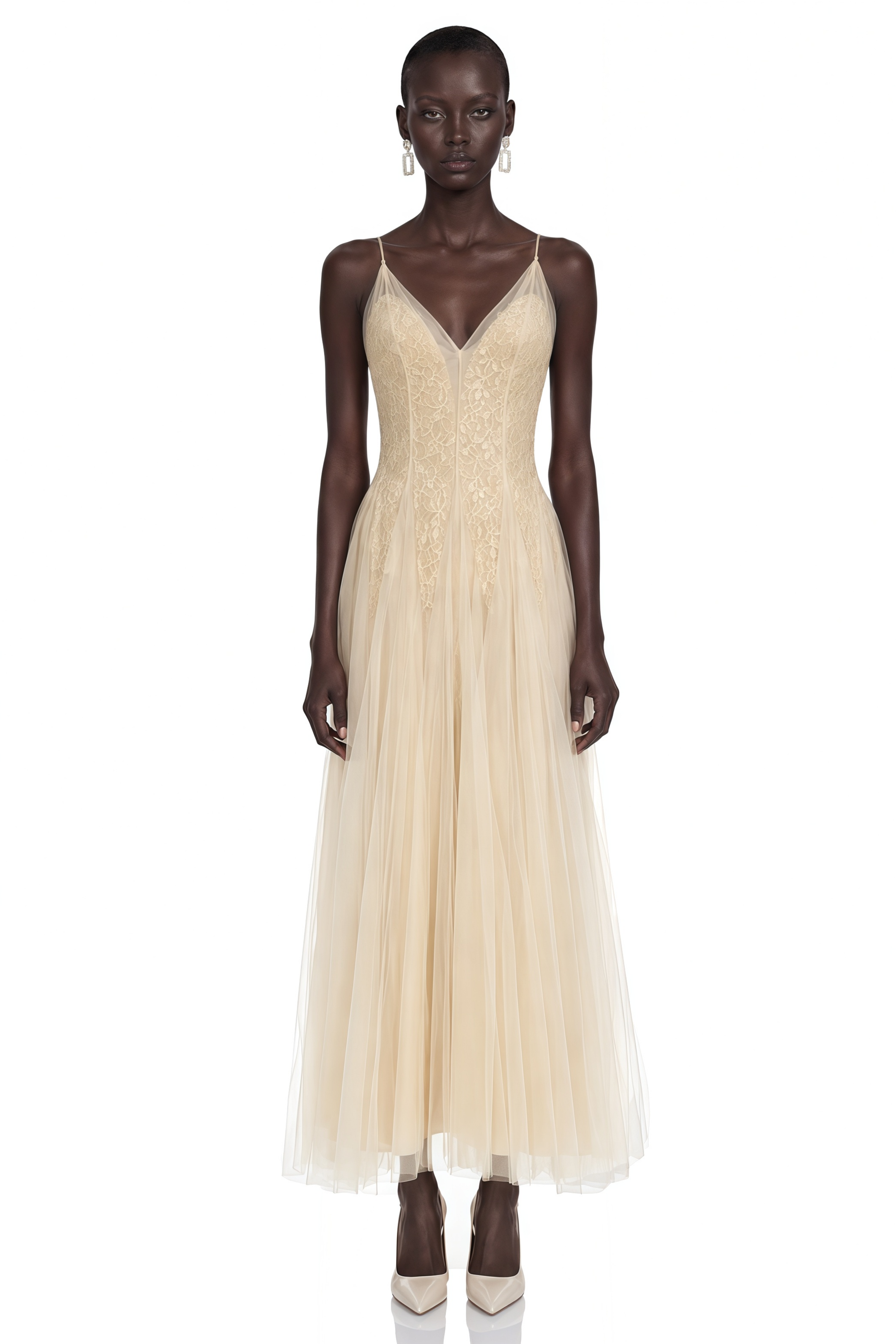 Saga Neutral Pleated Maxi Dress with 3D Petals