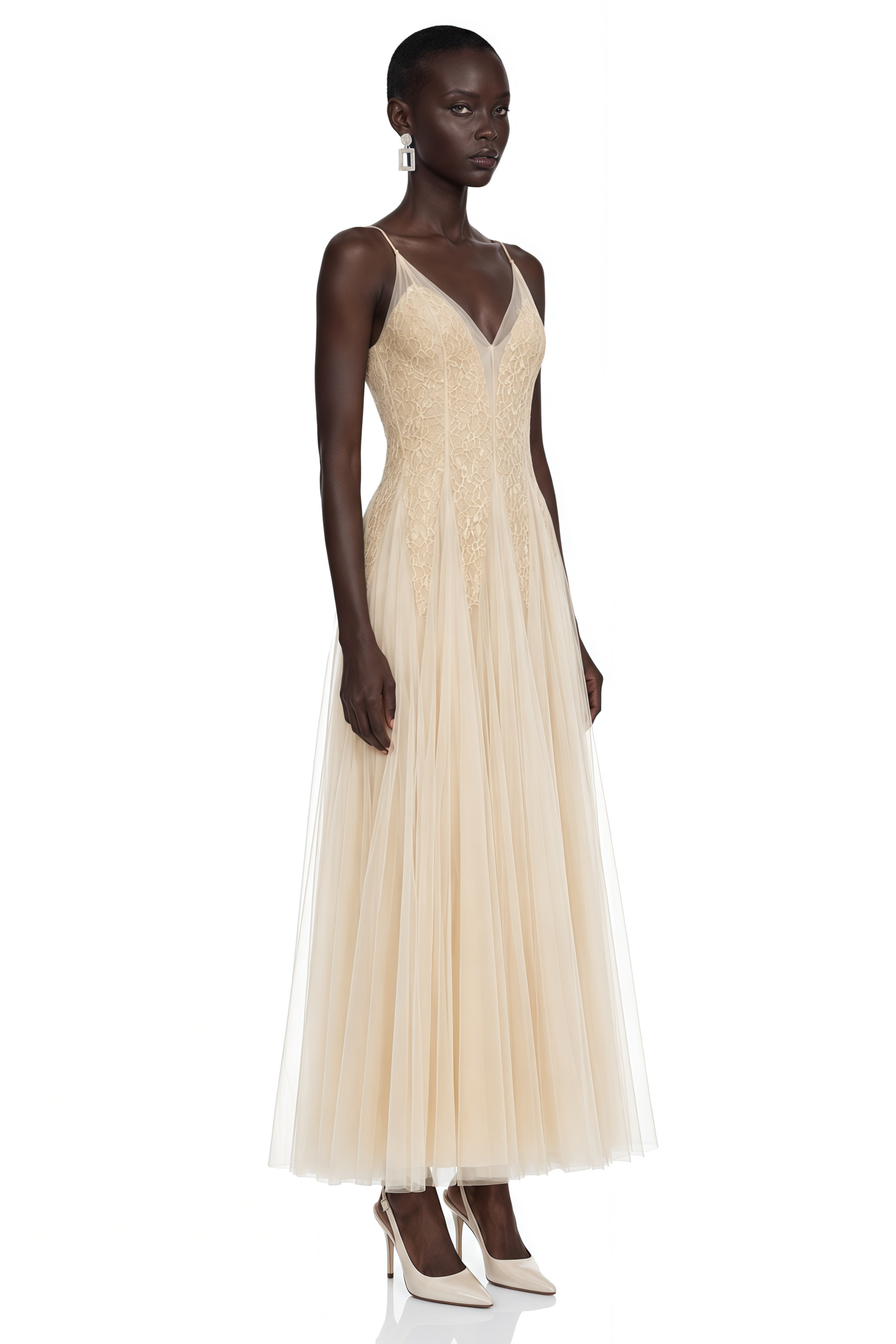 Saga Neutral Pleated Maxi Dress with 3D Petals