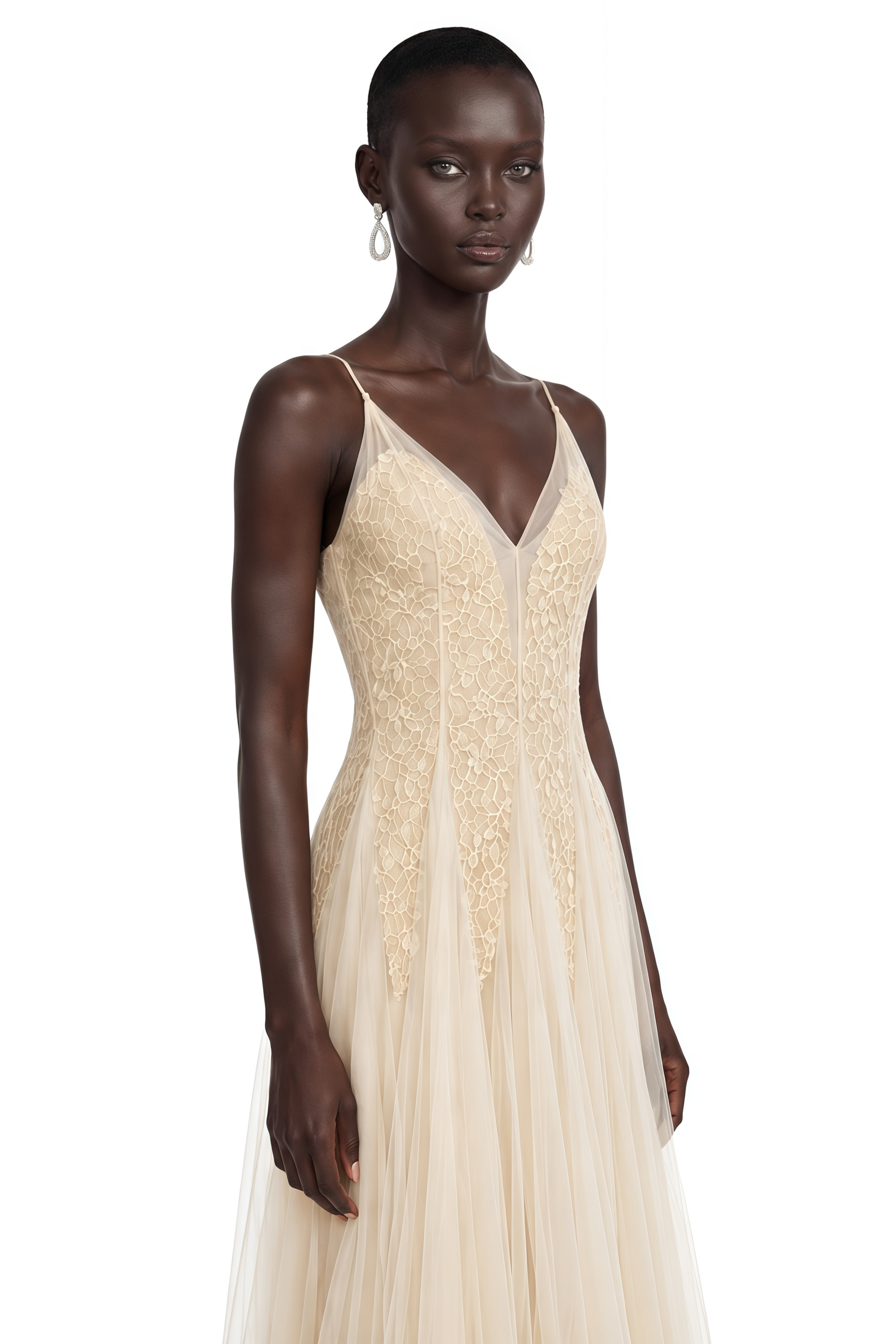 Saga Neutral Pleated Maxi Dress with 3D Petals