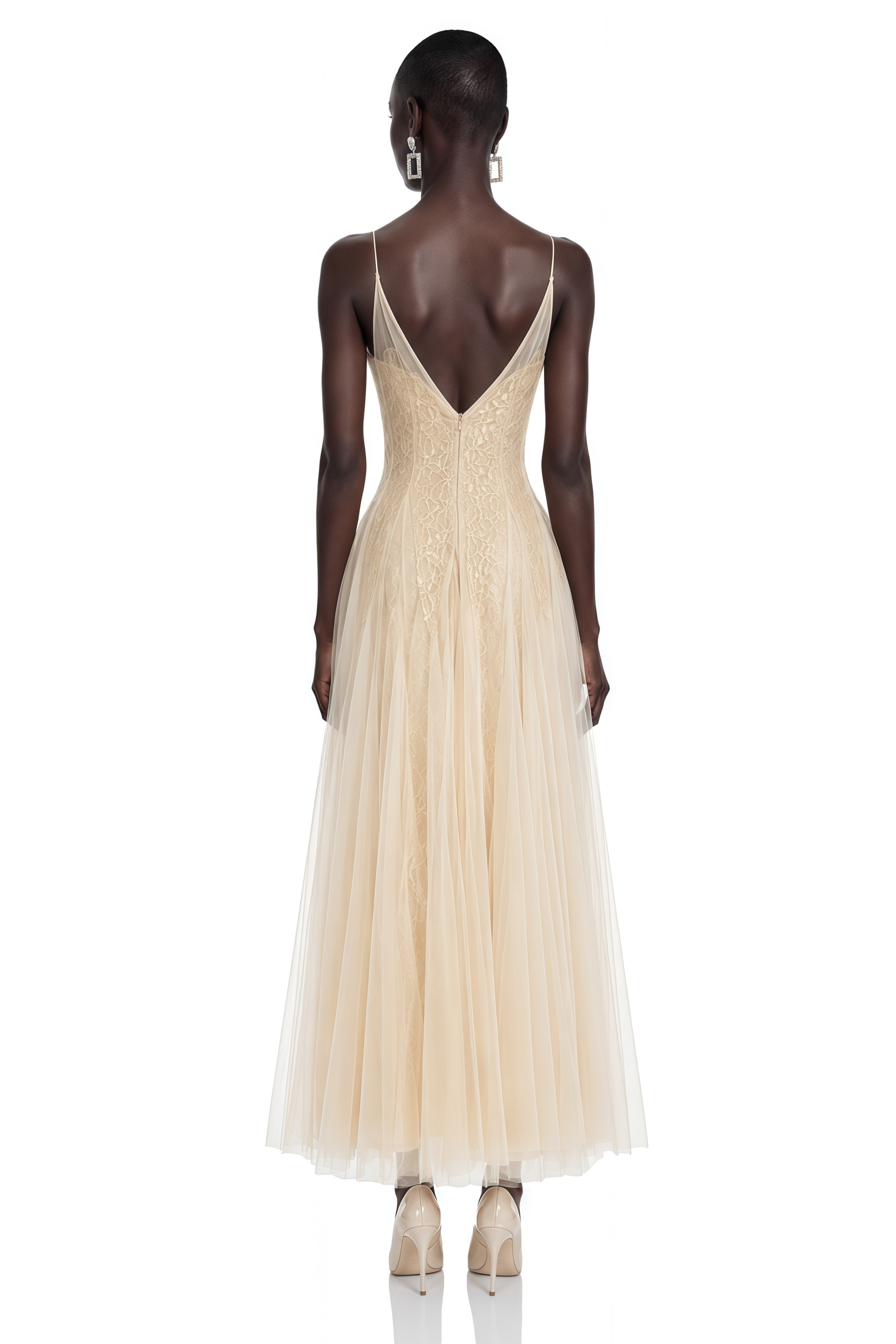 Saga Neutral Pleated Maxi Dress with 3D Petals