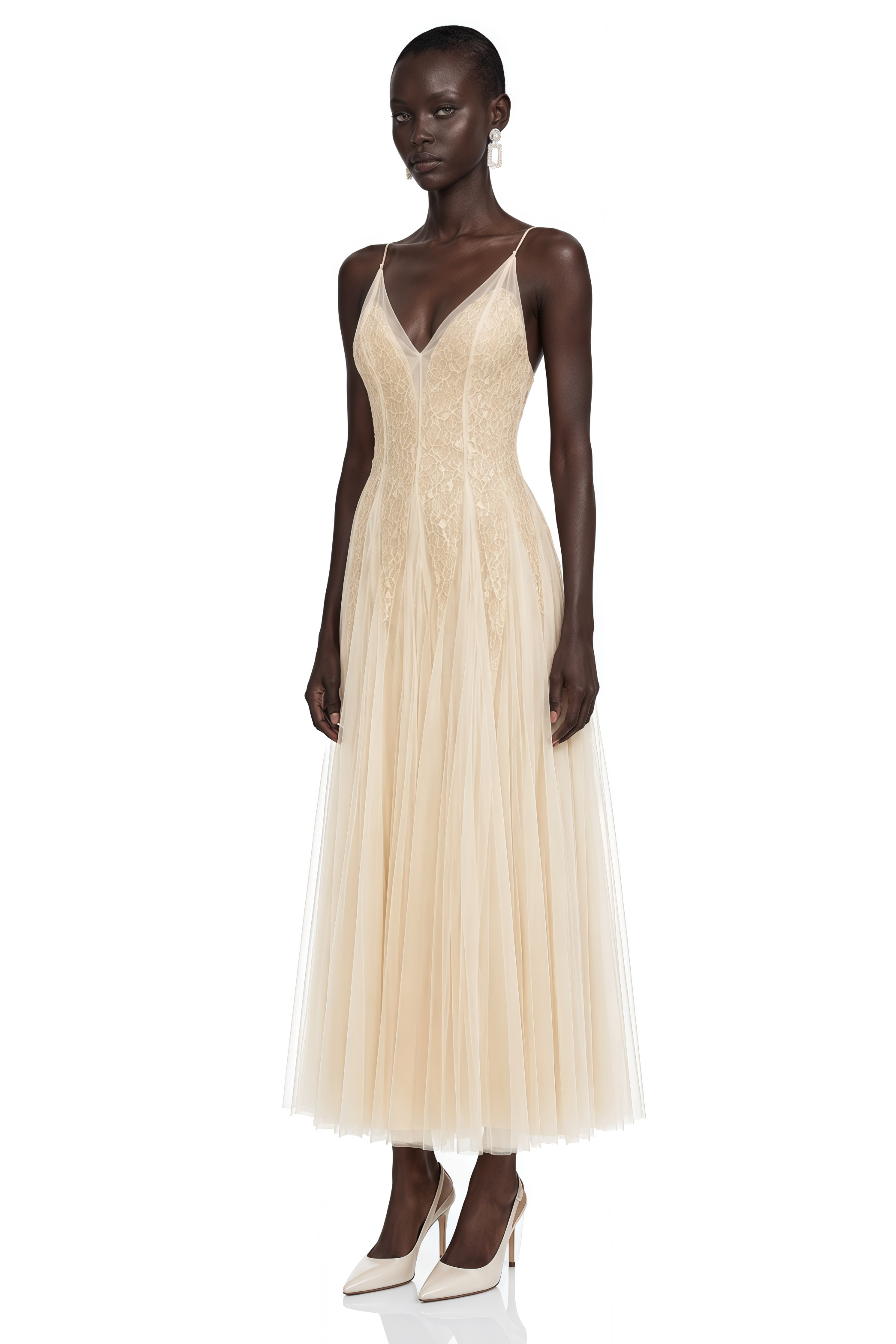 Saga Neutral Pleated Maxi Dress with 3D Petals