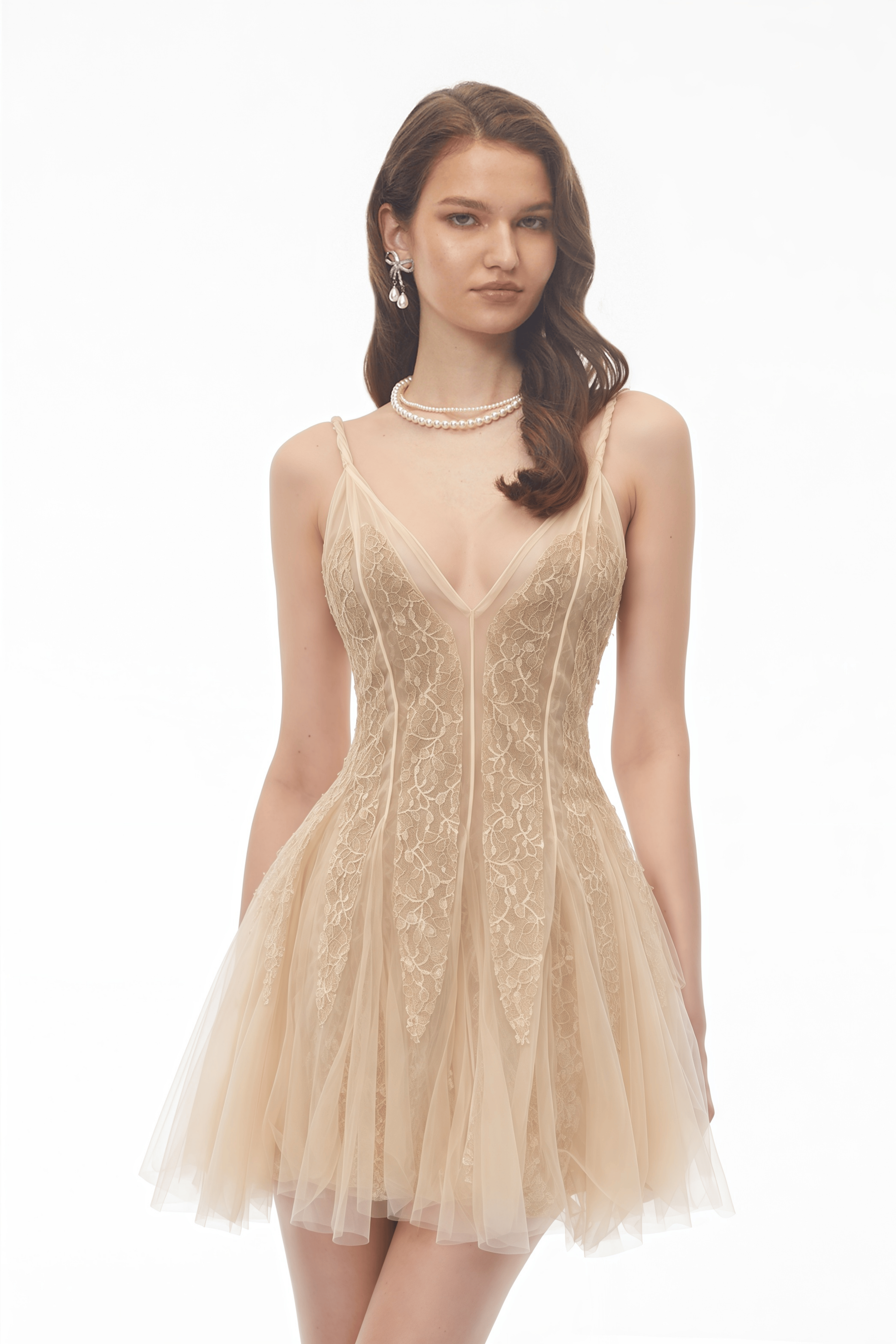 Saga Neutral Pleated Mini Dress with 3D Petals