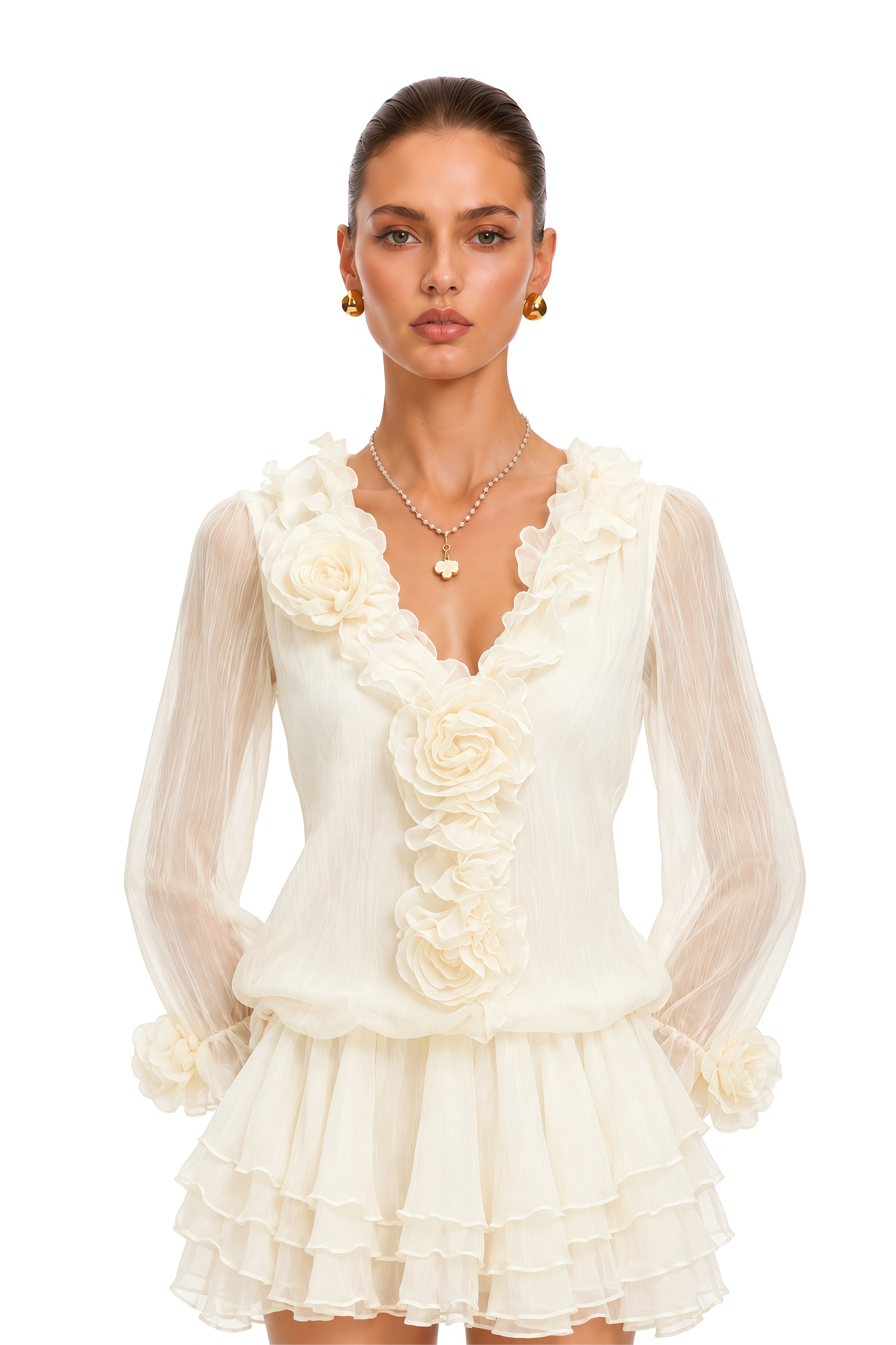 Saleha Neutral 3D Floral Ruffled Mini Dress
