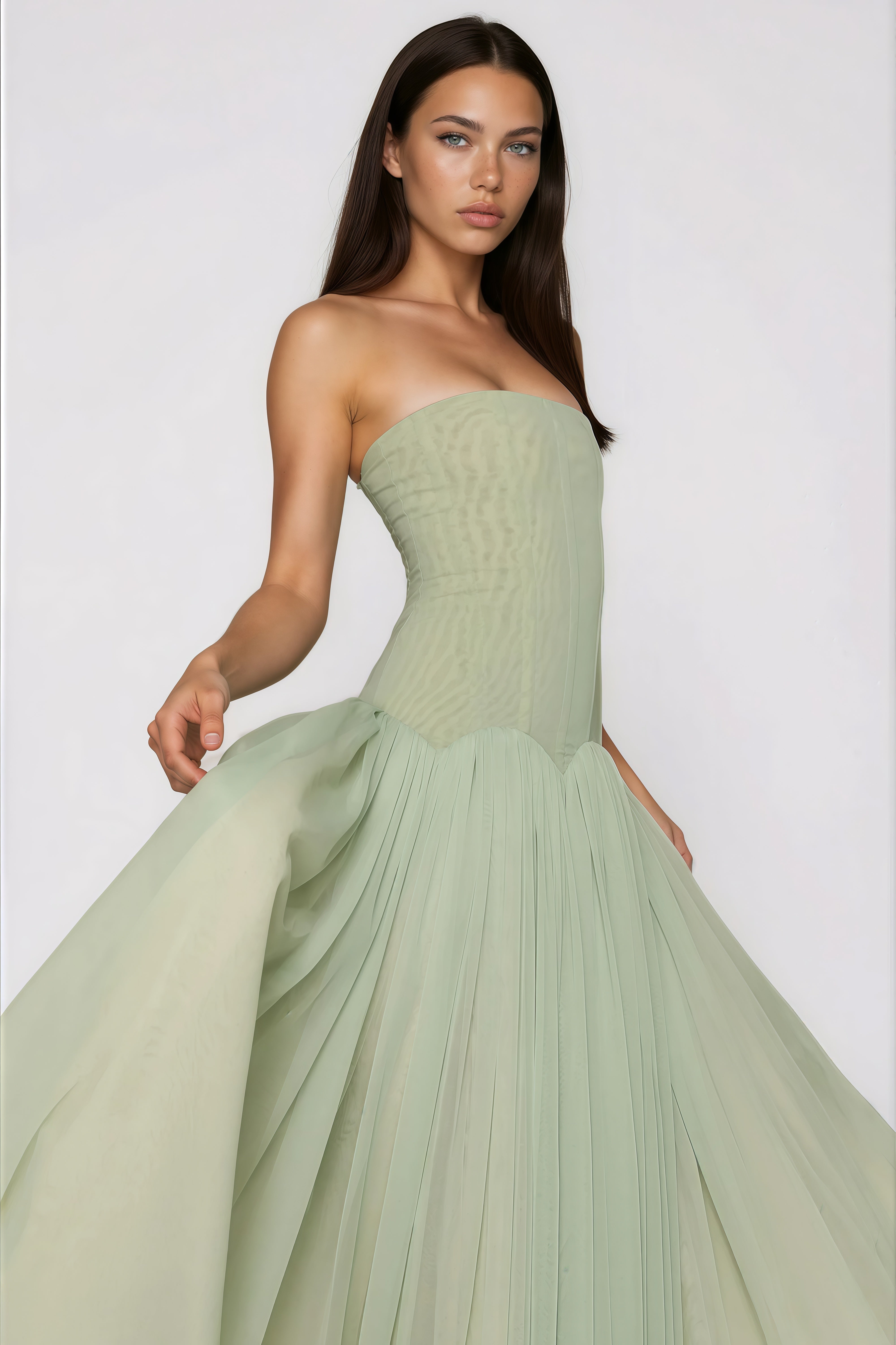 Sage Strapless Pleated Maxi Dress