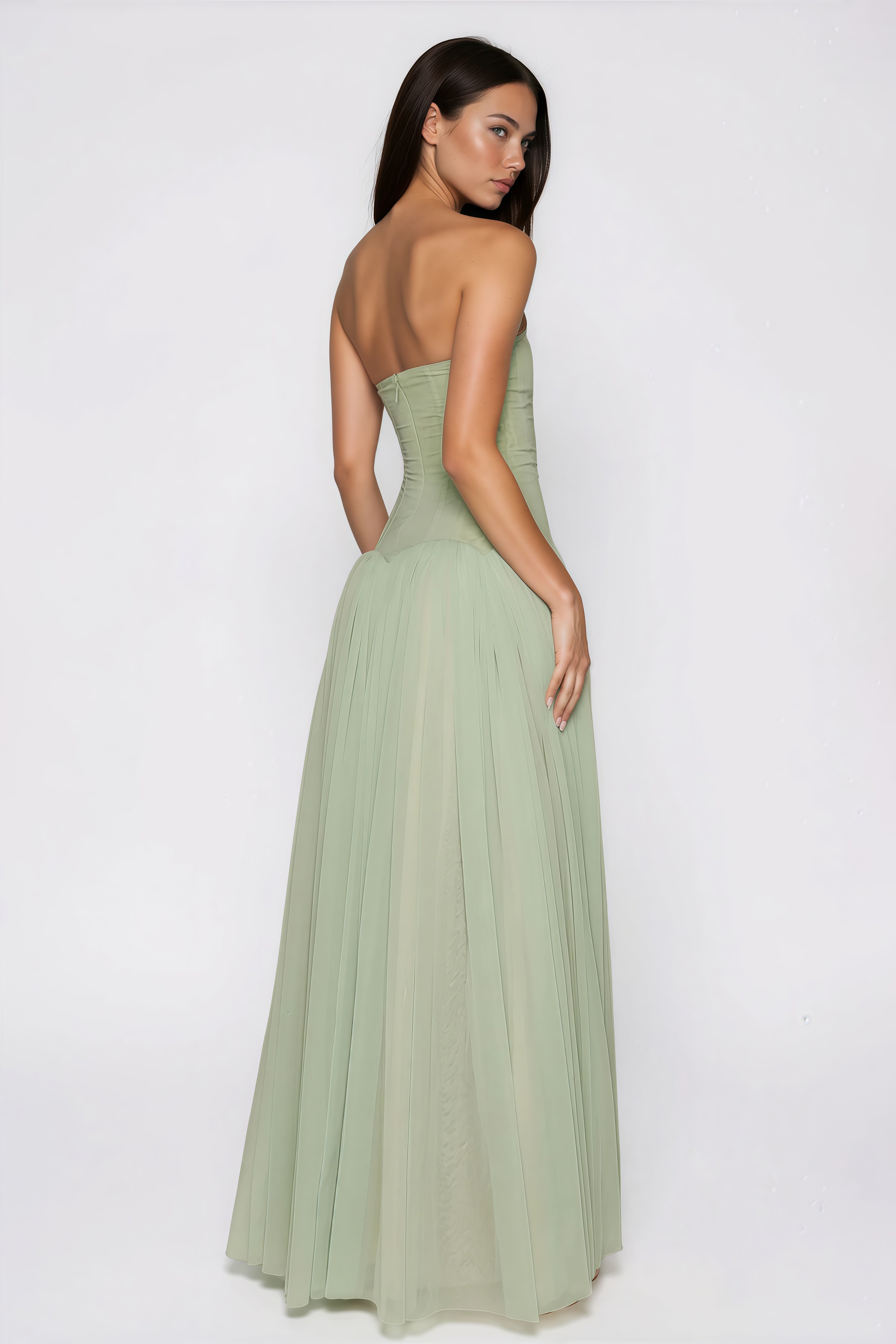 Sage Strapless Pleated Maxi Dress