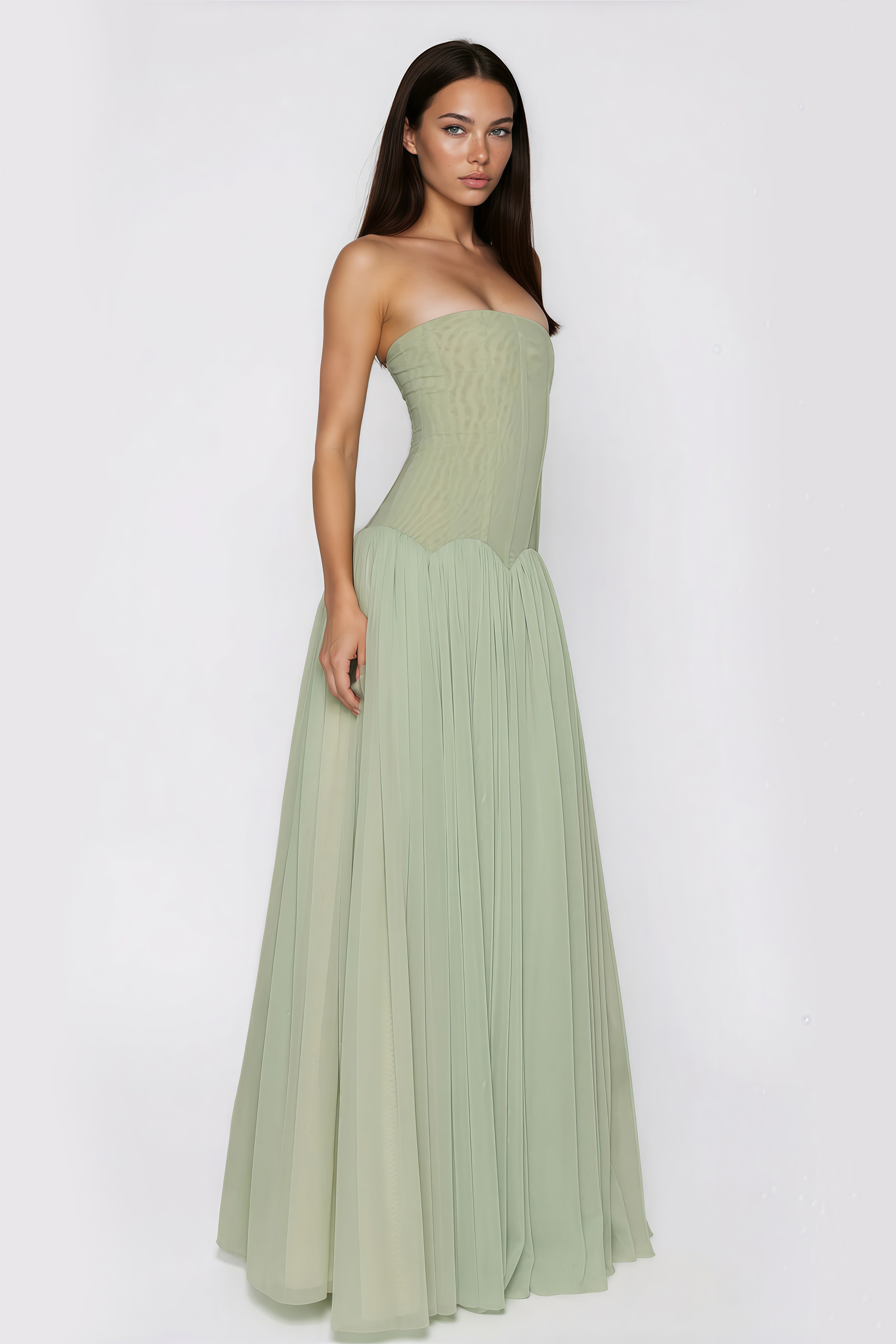 Sage Strapless Pleated Maxi Dress