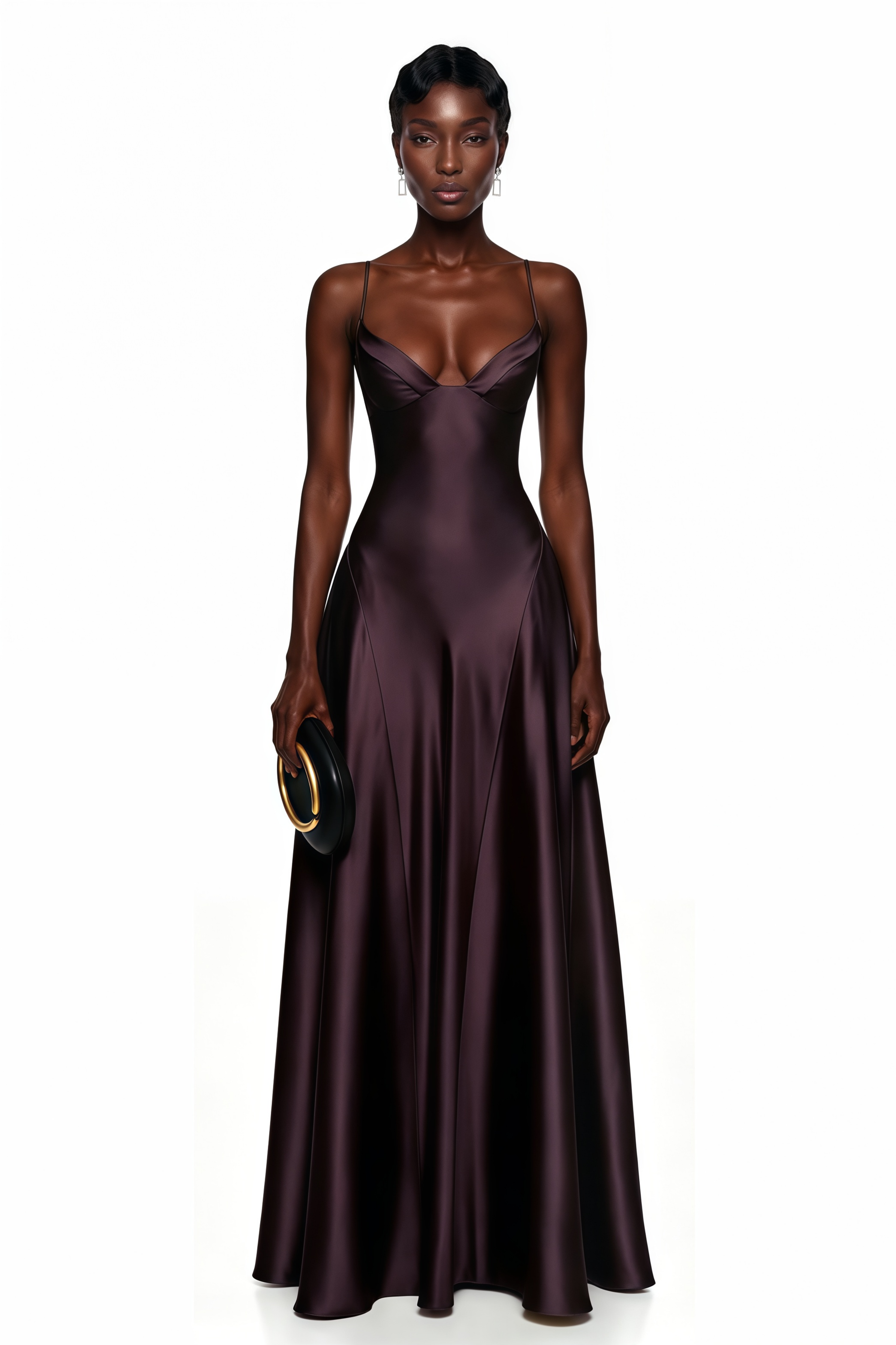 Plum satin maxi dress with a plunging sweetheart neckline and fluid panel skirt
