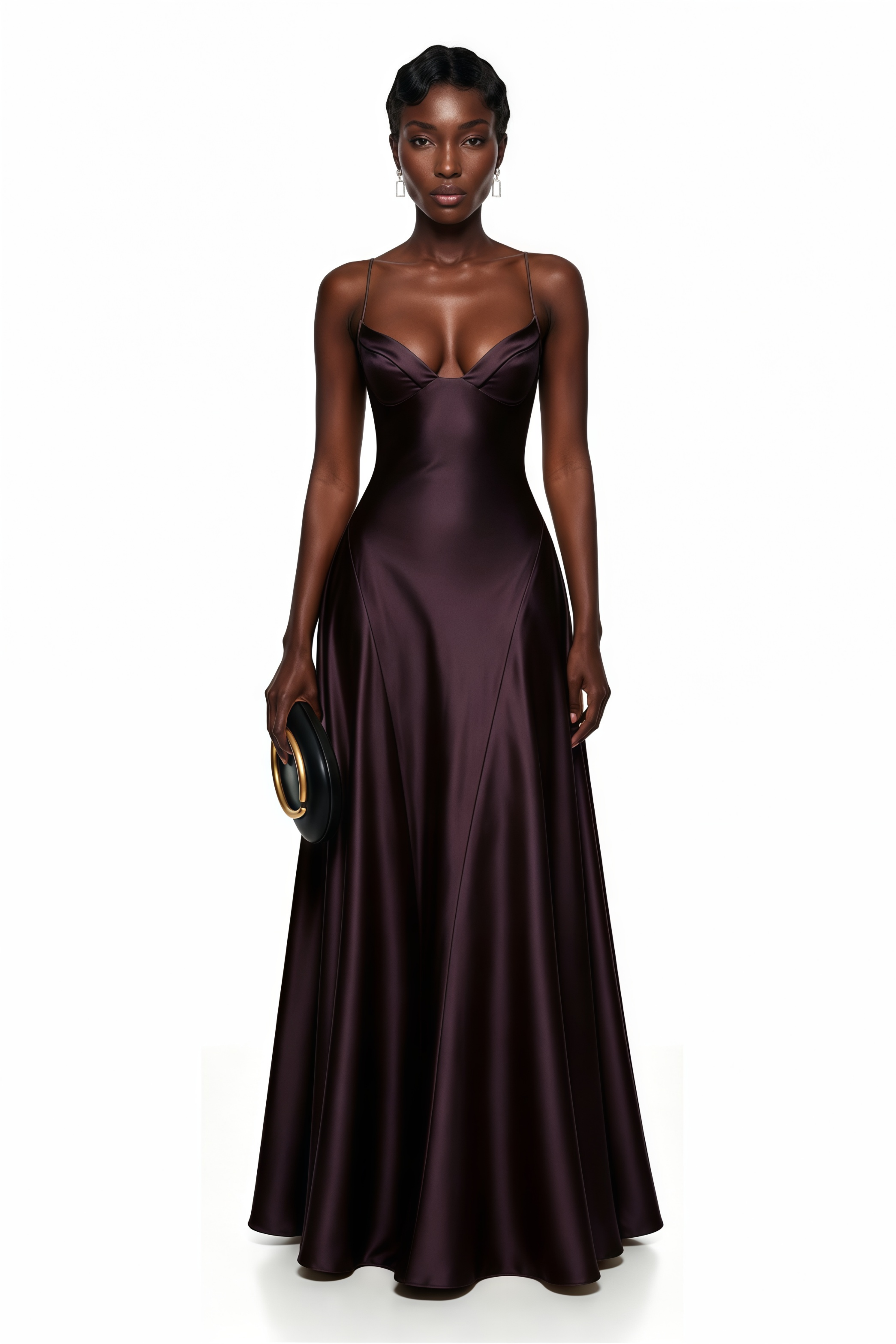 Plum satin maxi dress with a plunging sweetheart neckline and fluid panel skirt