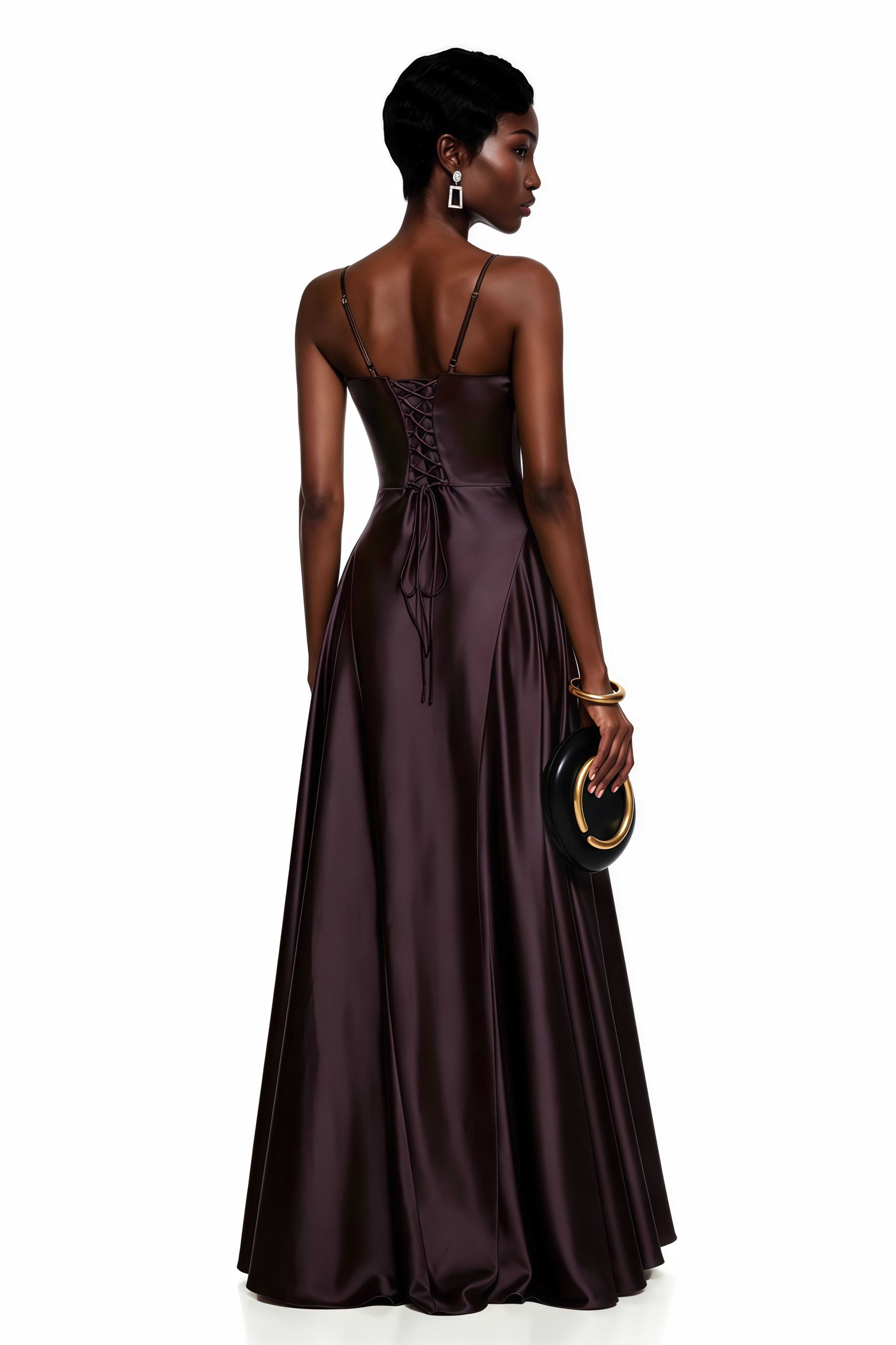 Plum satin maxi dress with a plunging sweetheart neckline and fluid panel skirt