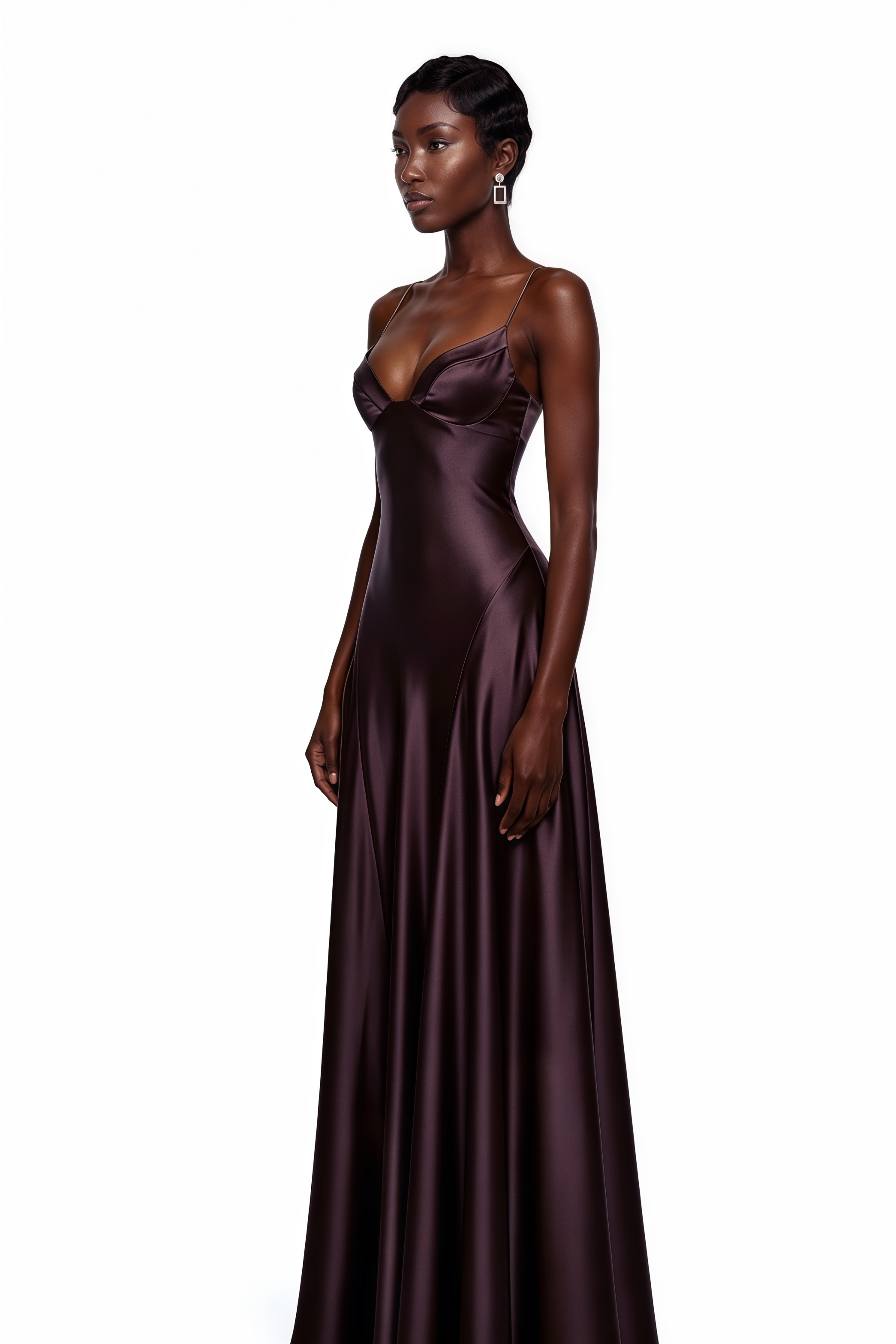 Plum satin maxi dress with a plunging sweetheart neckline and fluid panel skirt