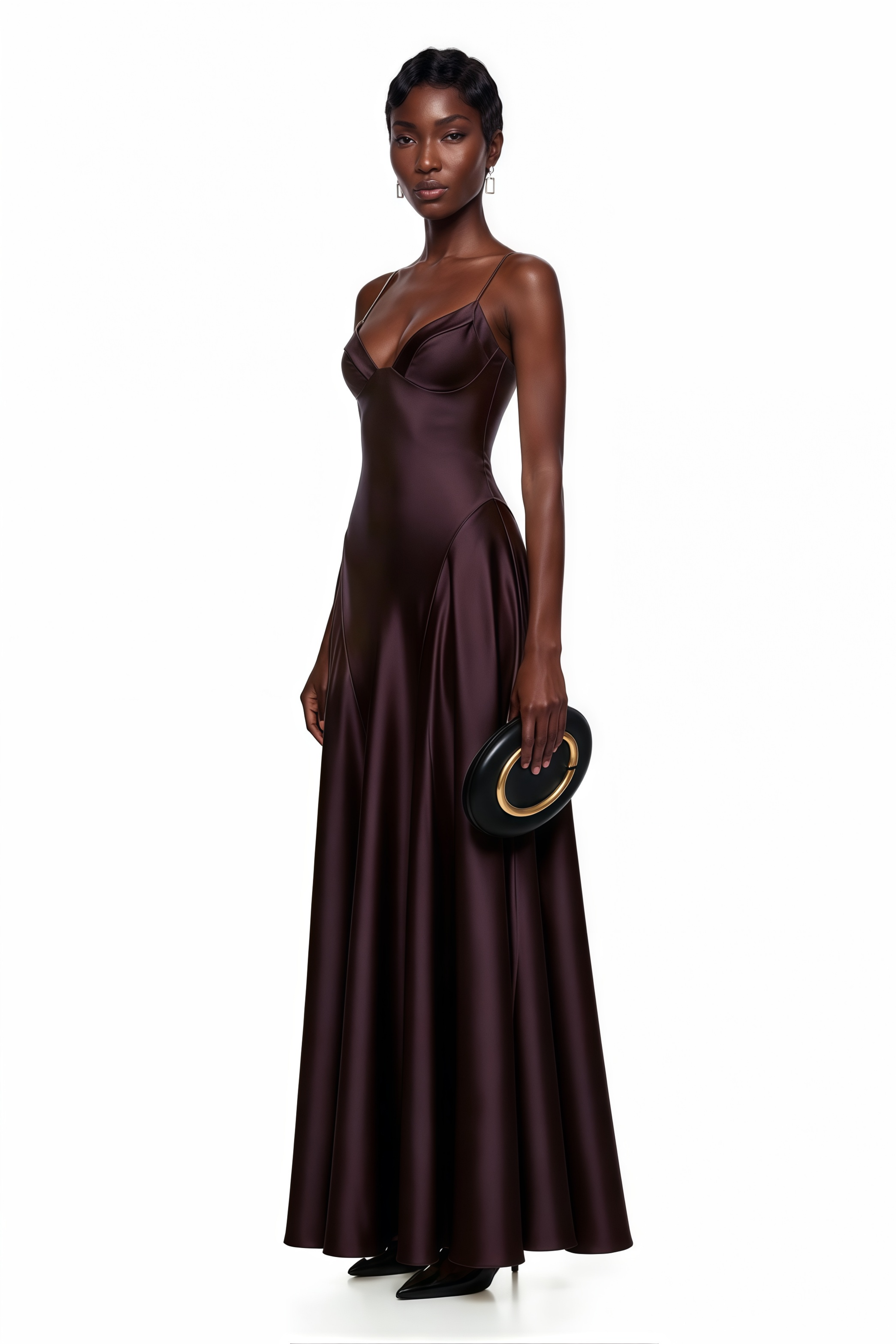 Plum satin maxi dress with a plunging sweetheart neckline and fluid panel skirt