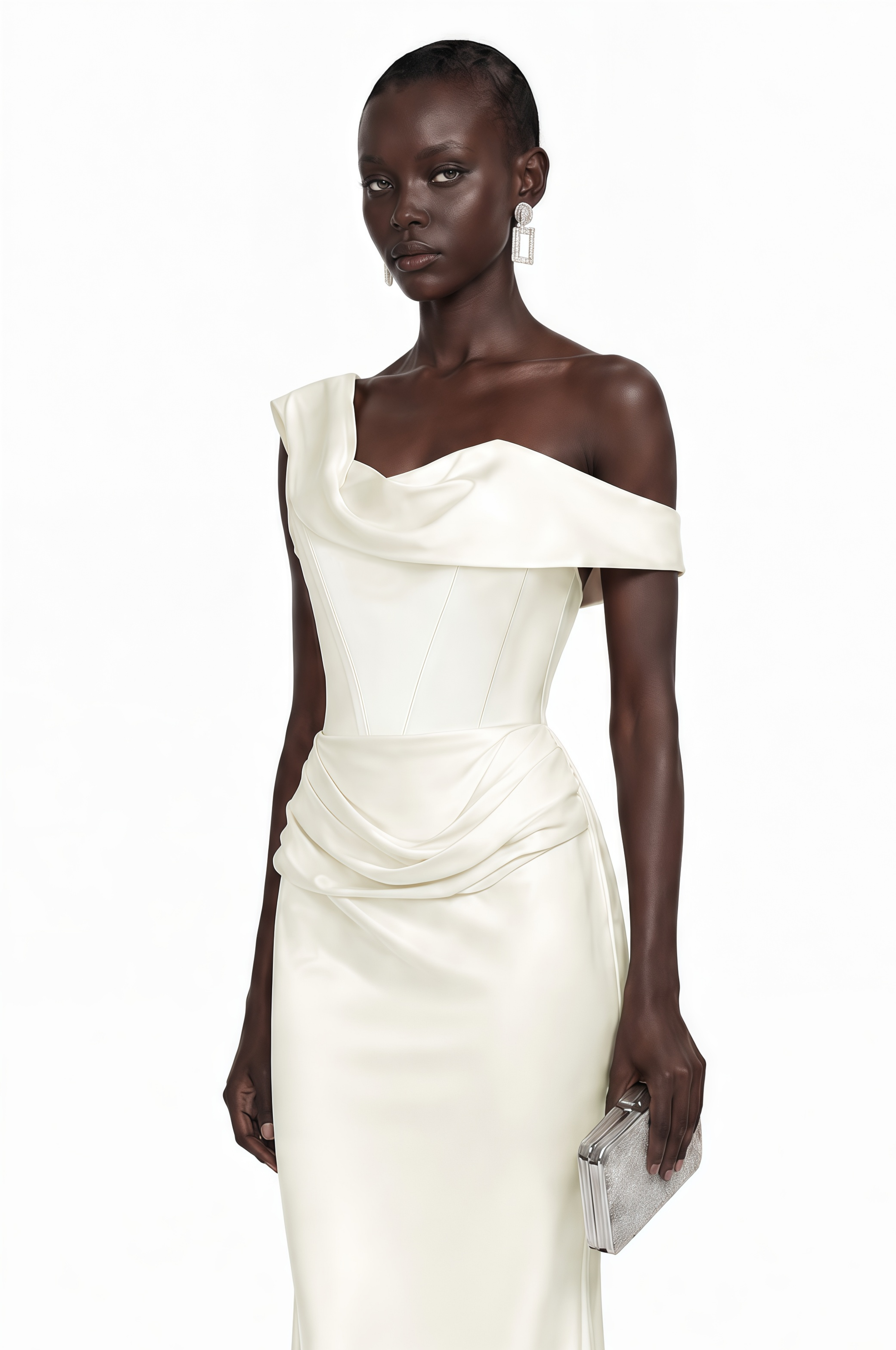 Cream one-shoulder maxi dress with a draped waist