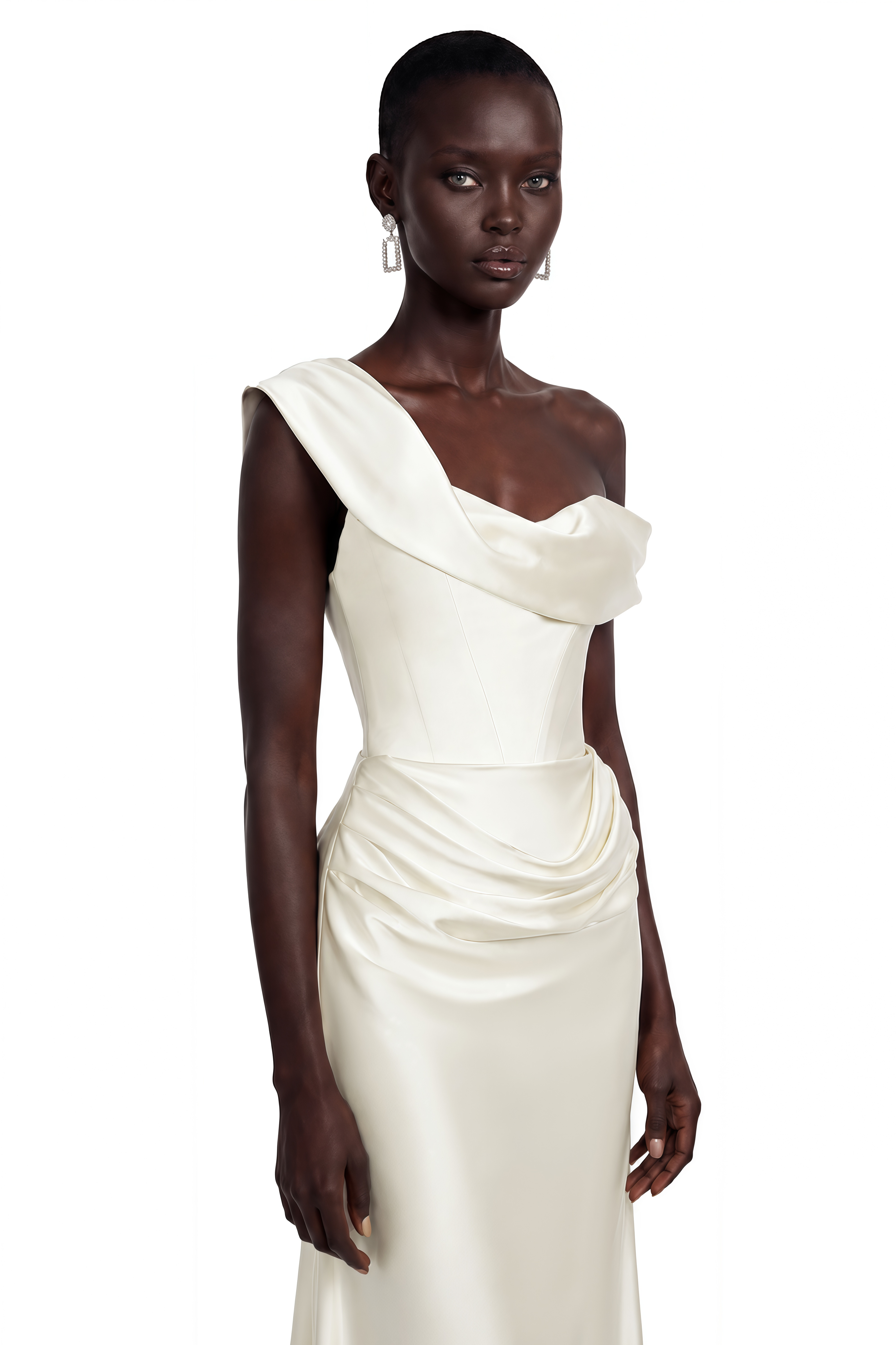 Cream one-shoulder maxi dress with a draped waist