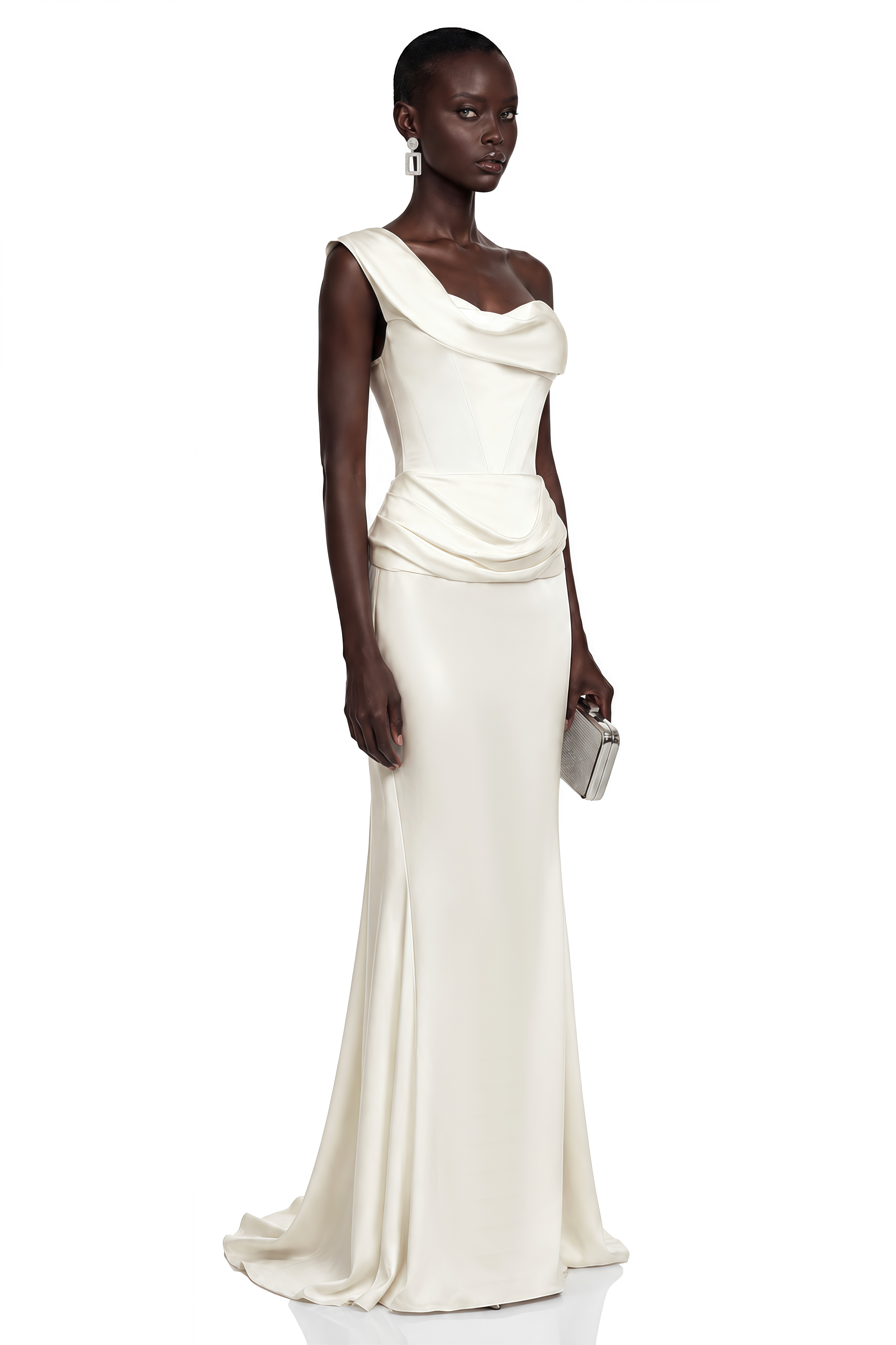 Cream one-shoulder maxi dress with a draped waist