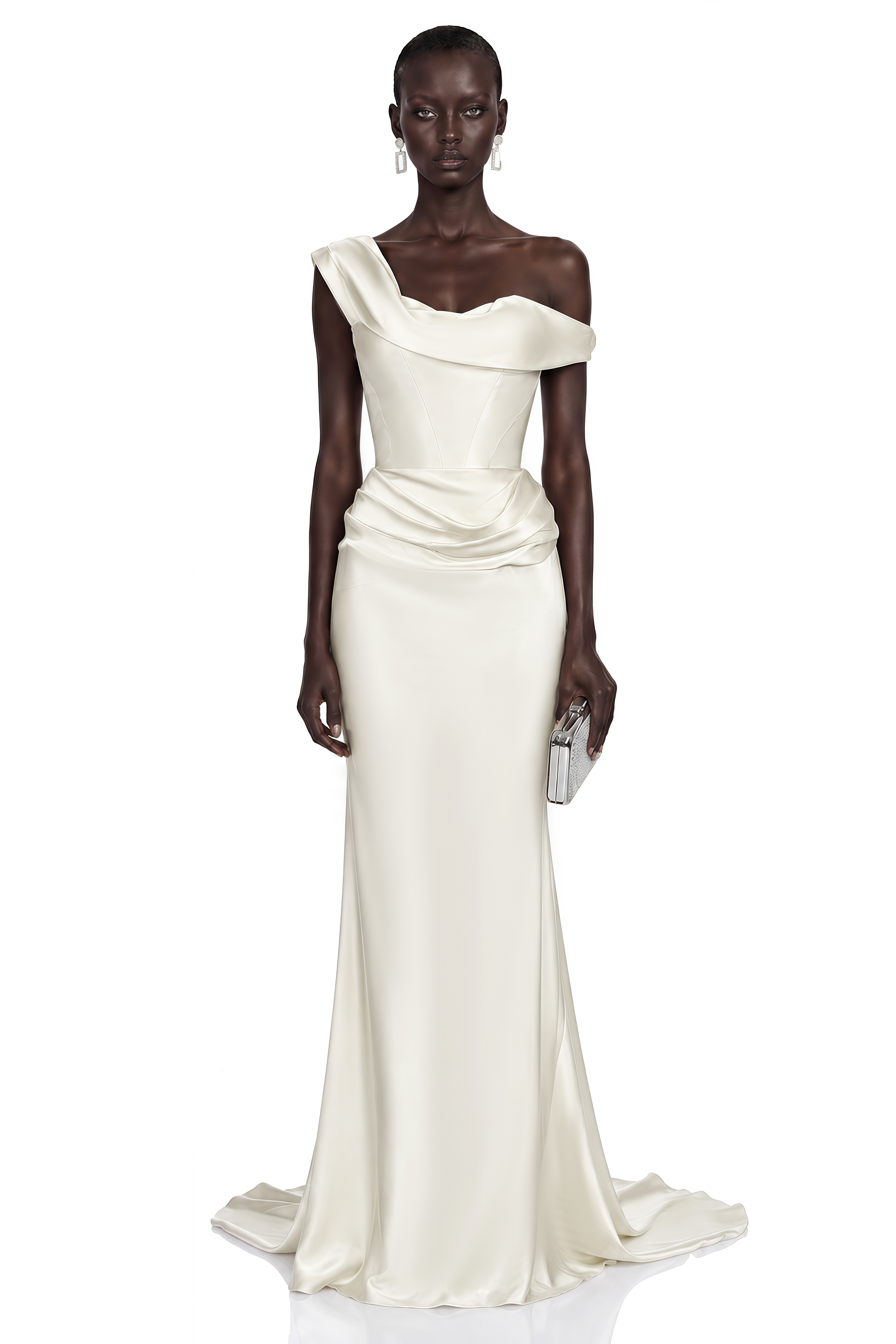 Cream one-shoulder maxi dress with a draped waist