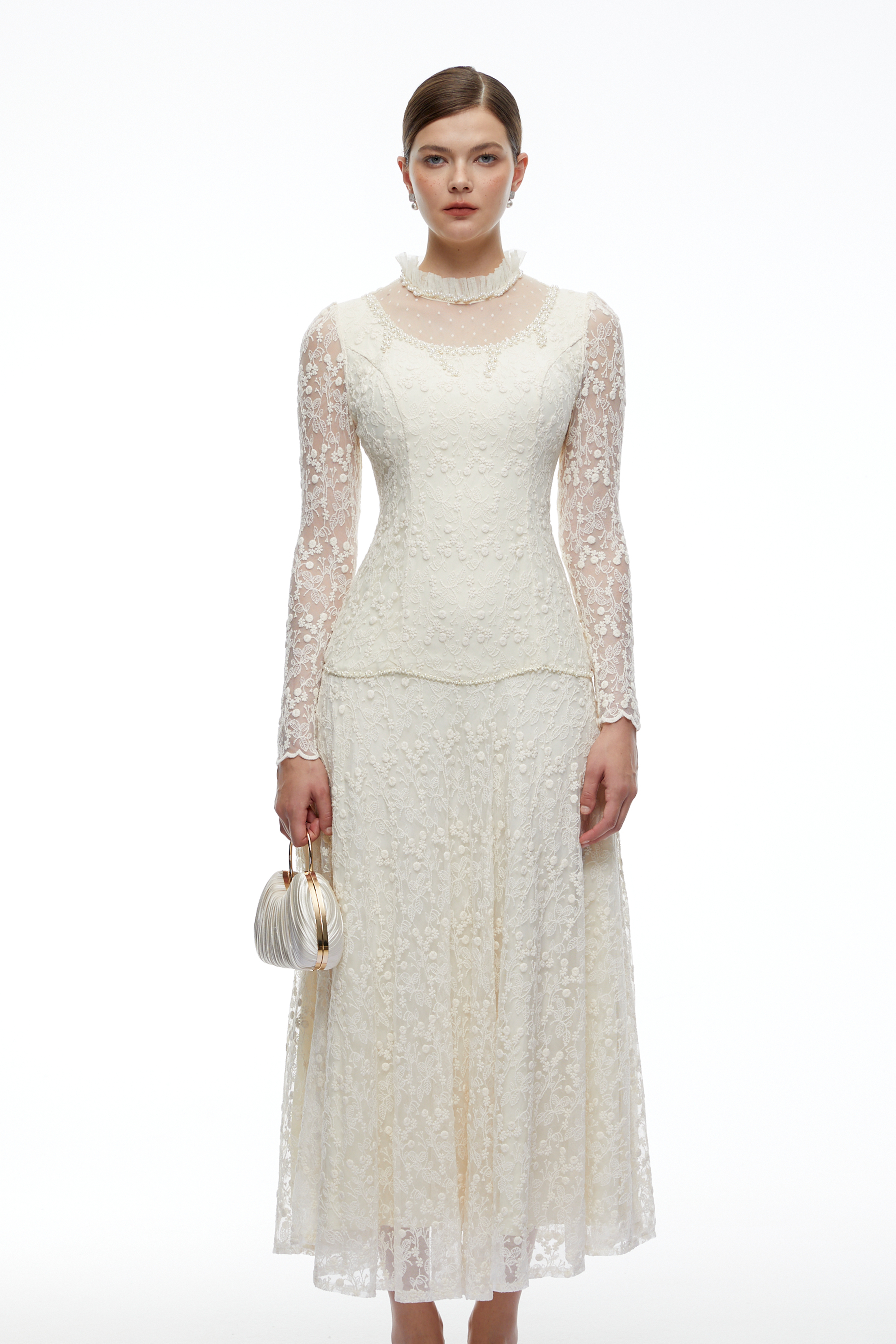 Samantha Cream High Neck Lace Long Sleeves Top & Skirt Set