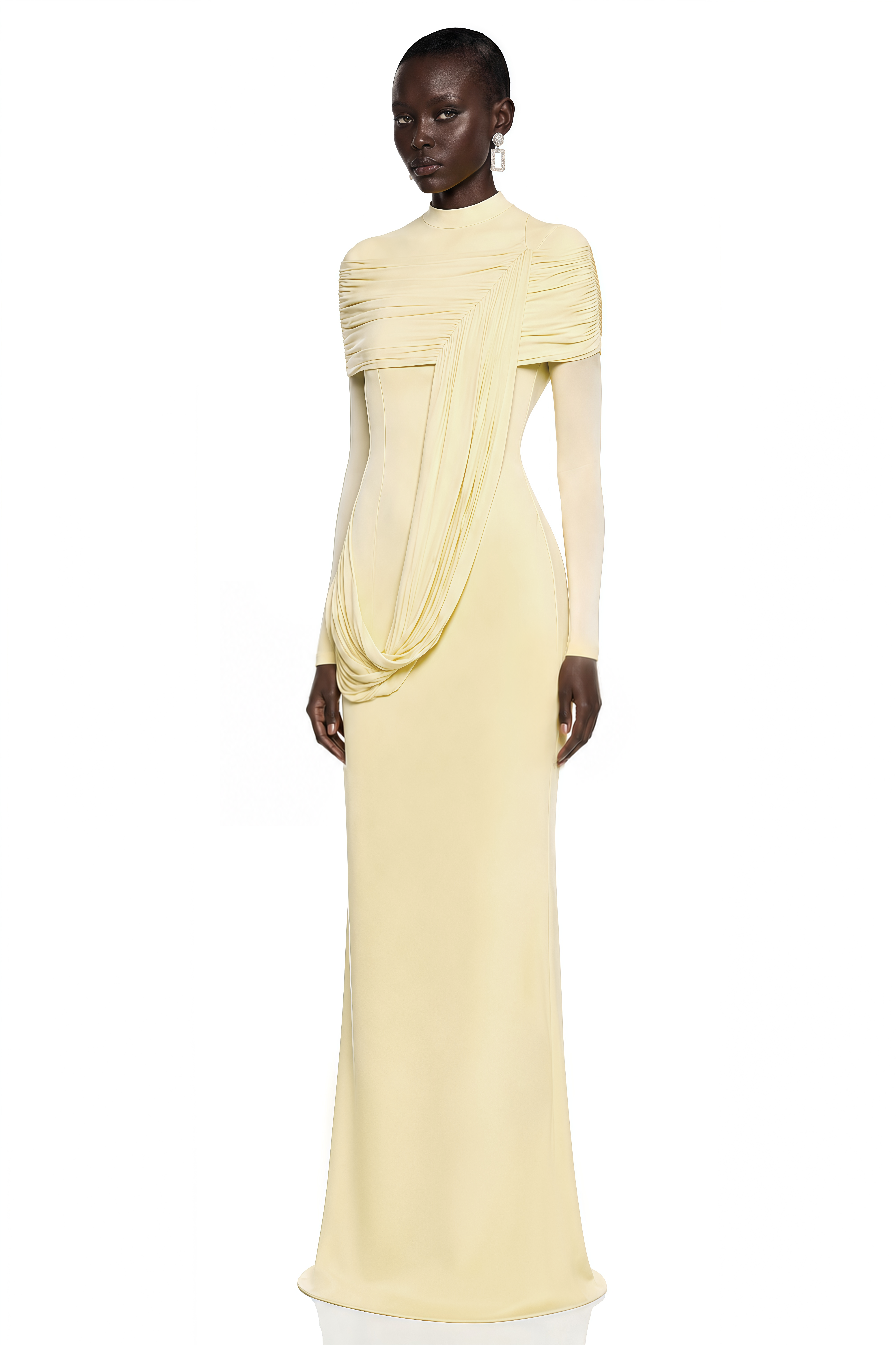 Samantha Yellow High Neck Ruched Long Sleeve Maxi Dress
