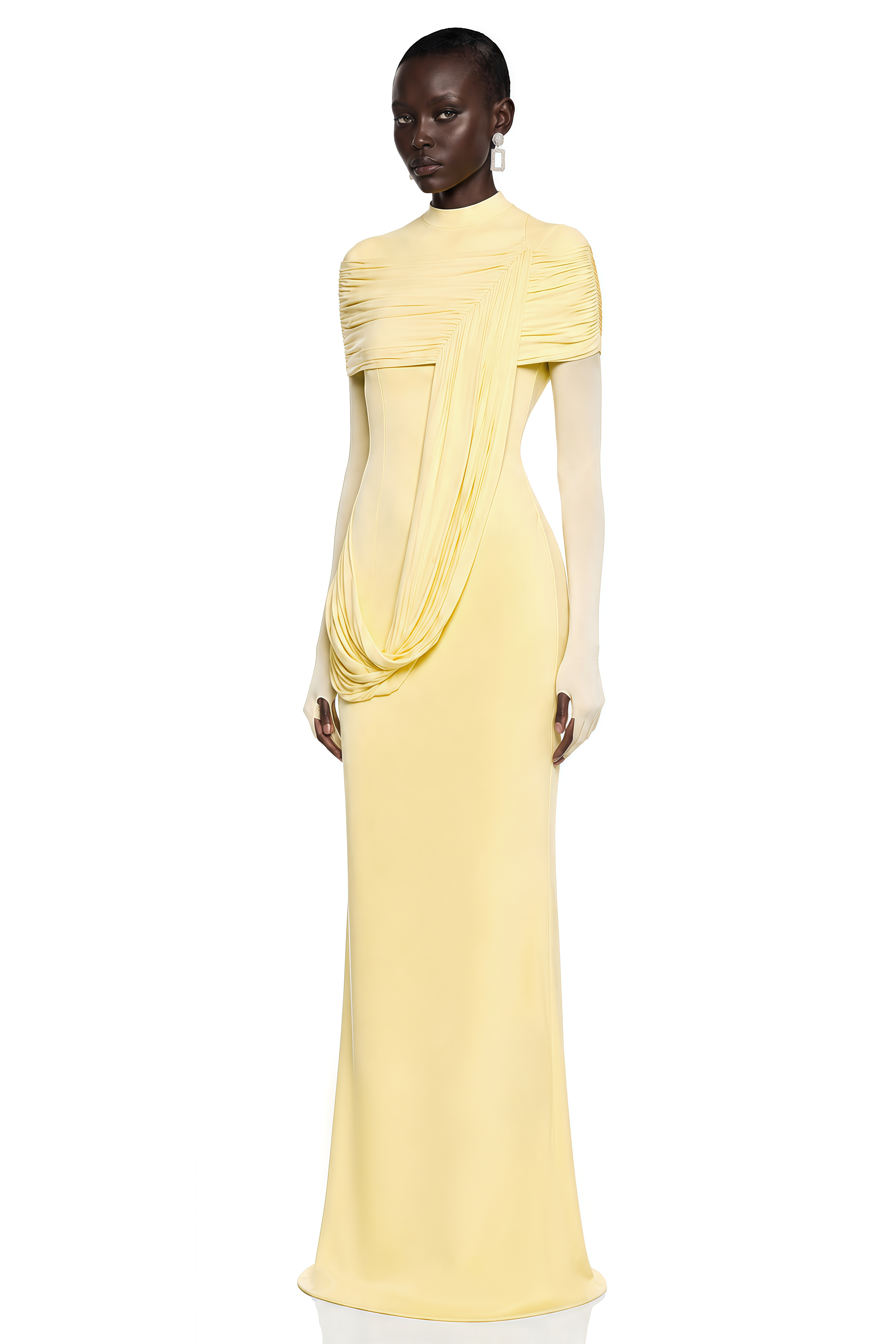 Samantha Yellow High Neck Ruched Long Sleeve Maxi Dress