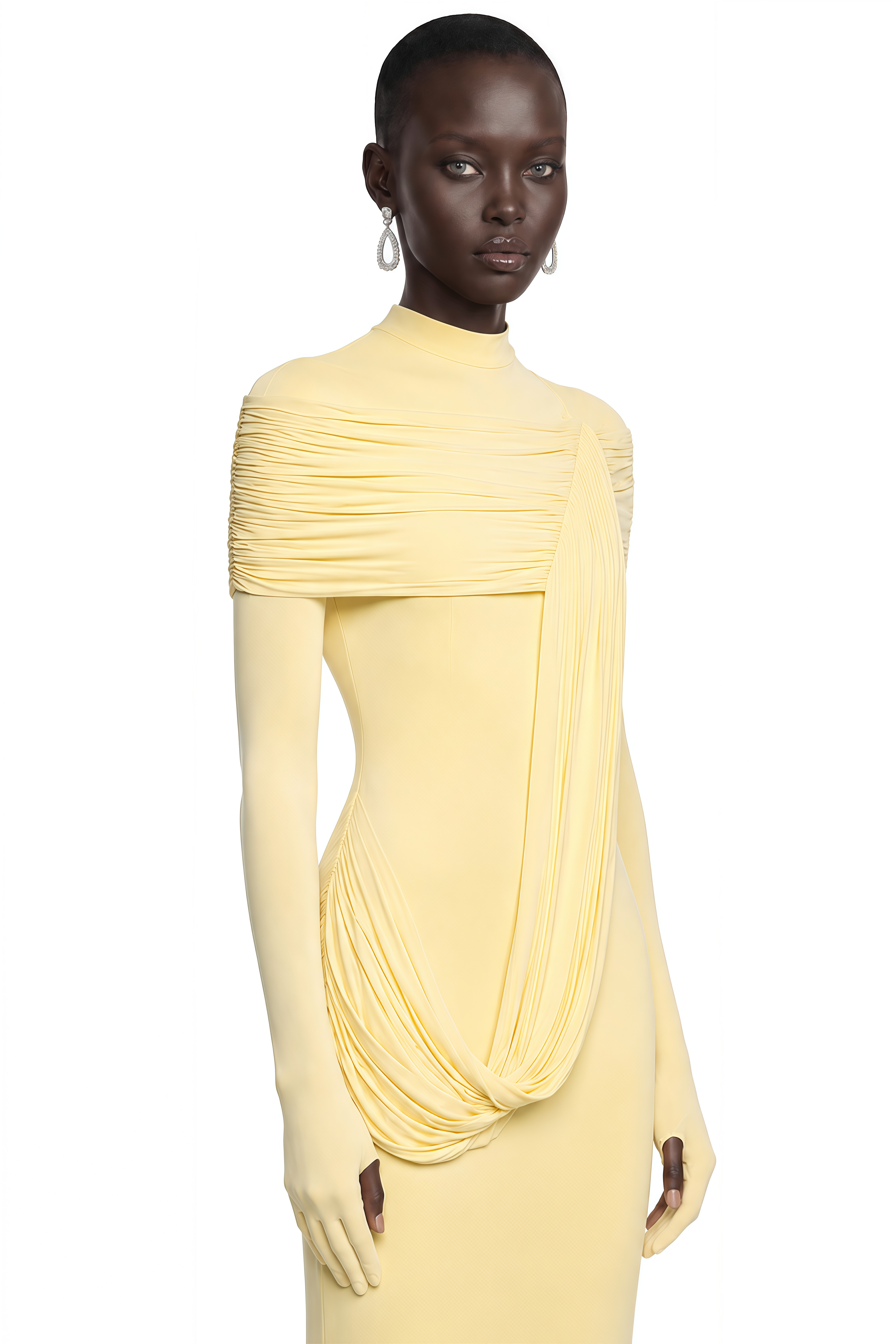 Samantha Yellow High Neck Ruched Long Sleeve Maxi Dress