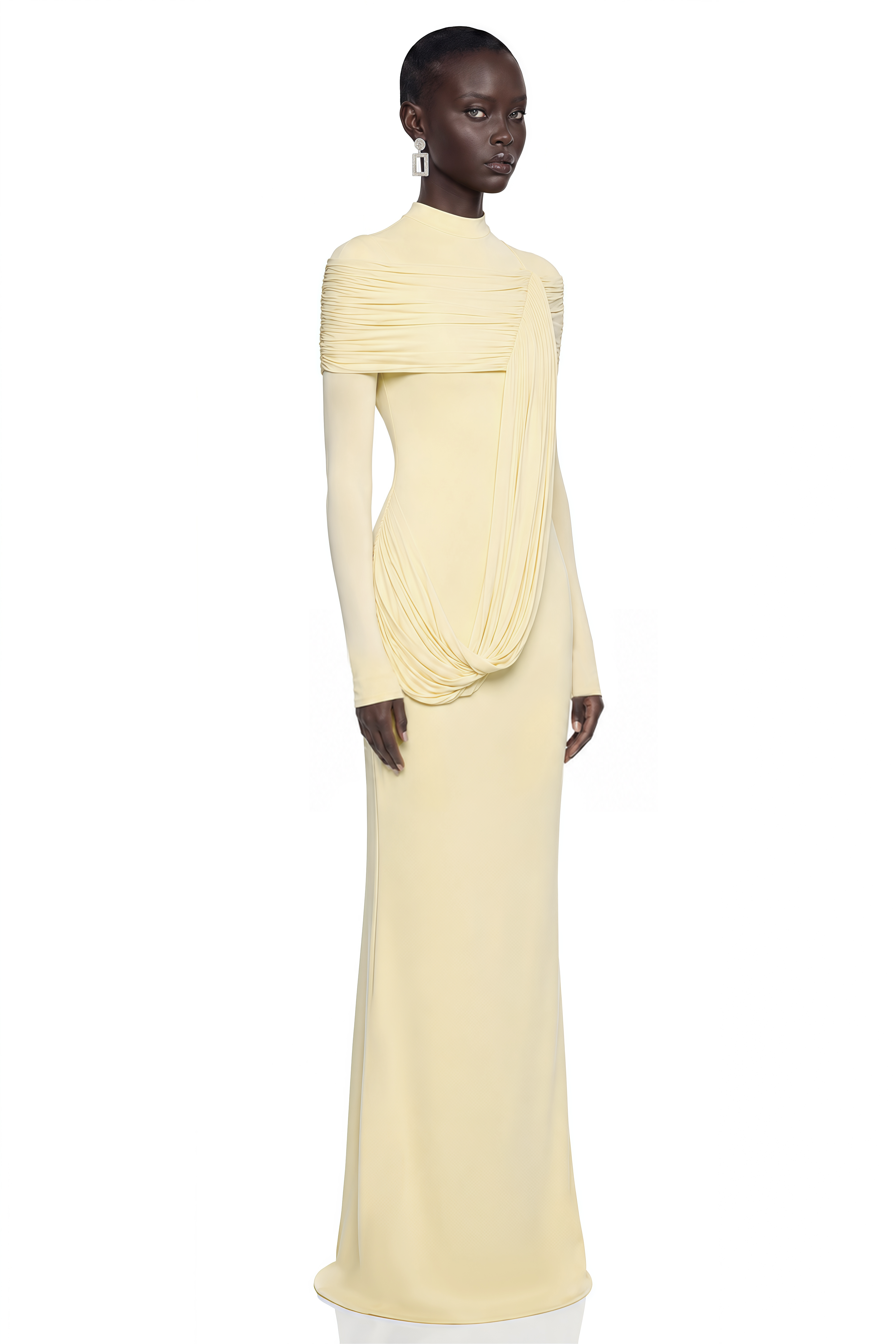 Samantha Yellow High Neck Ruched Long Sleeve Maxi Dress