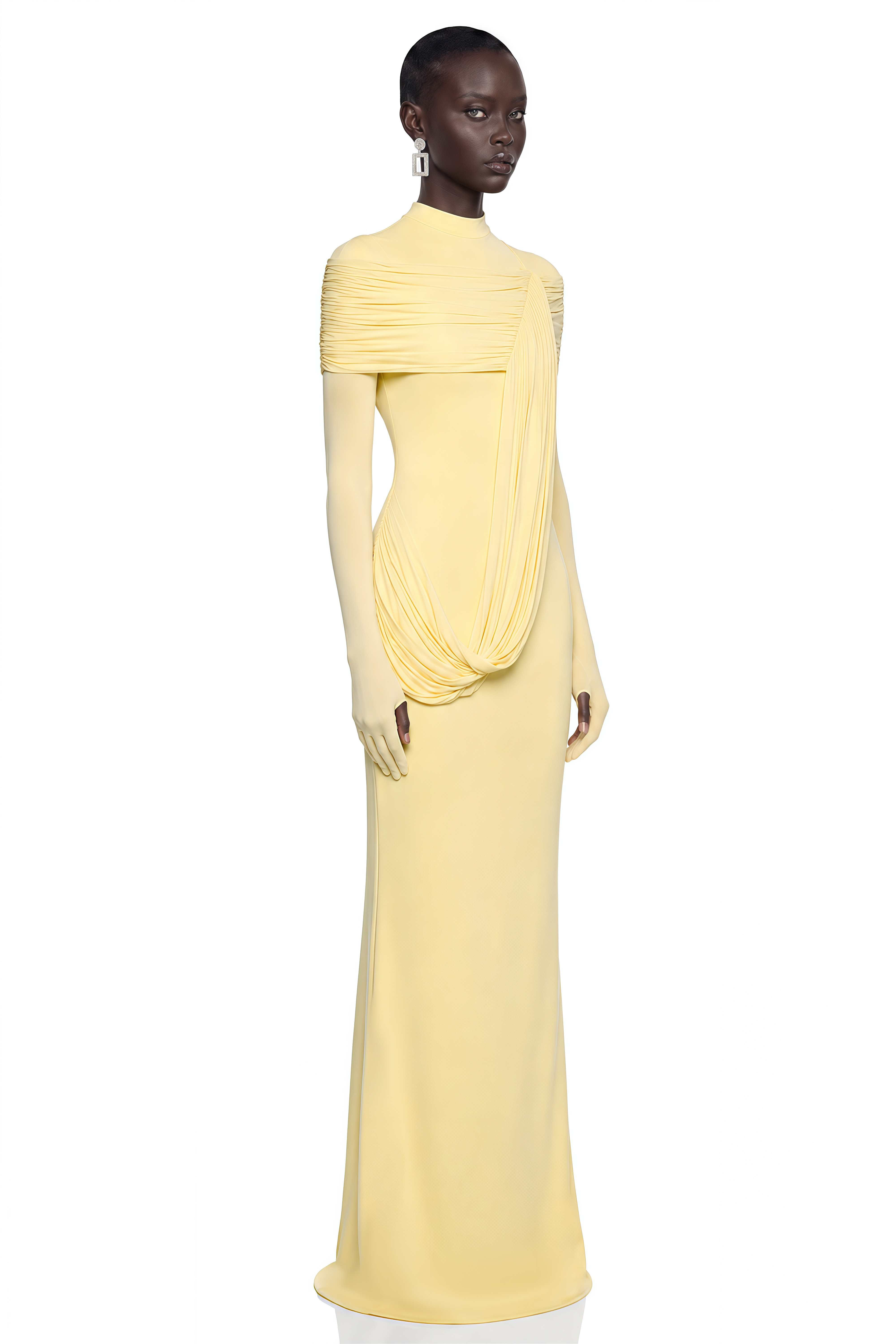Samantha Yellow High Neck Ruched Long Sleeve Maxi Dress
