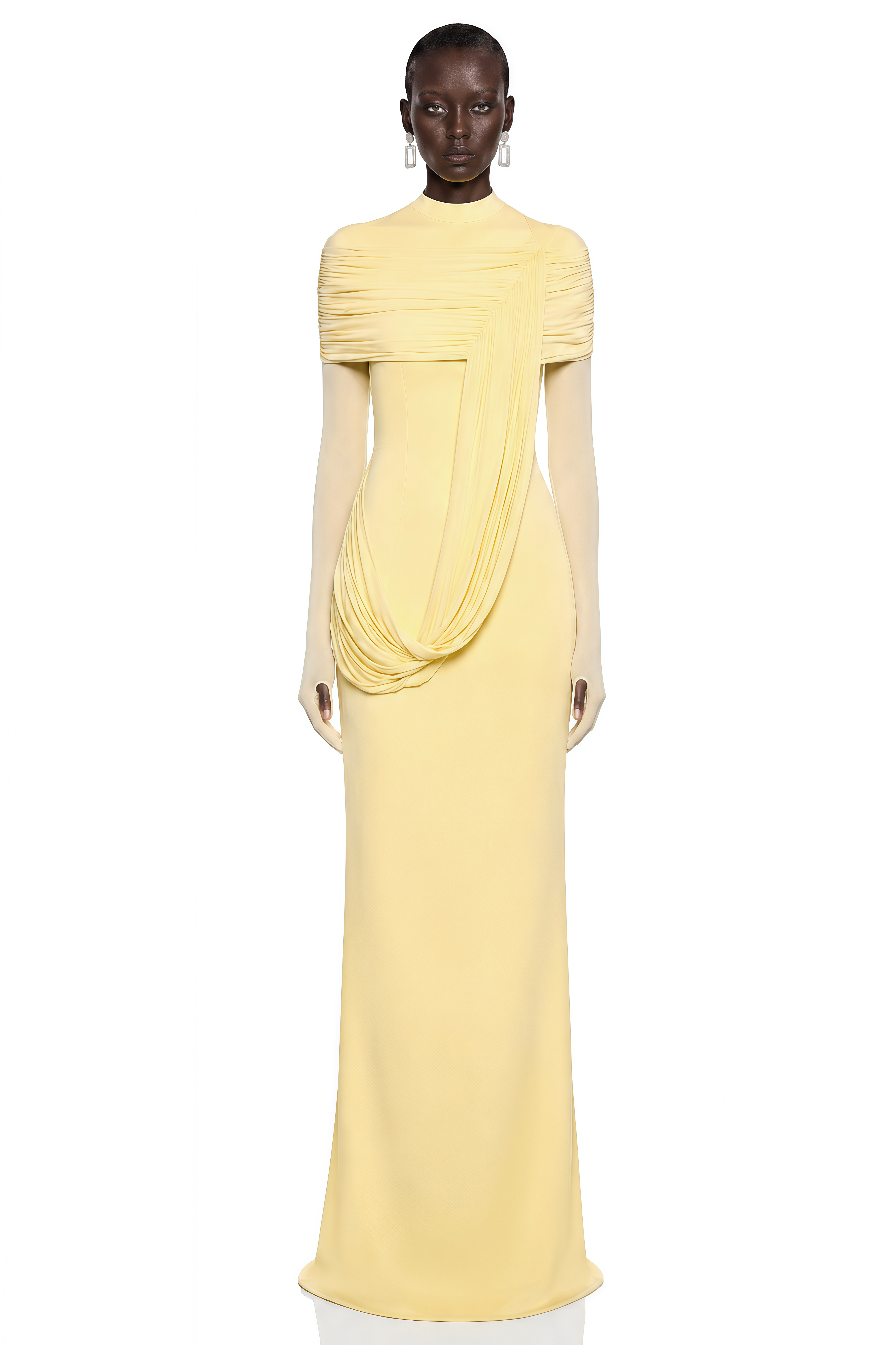 Samantha Yellow High Neck Ruched Long Sleeve Maxi Dress