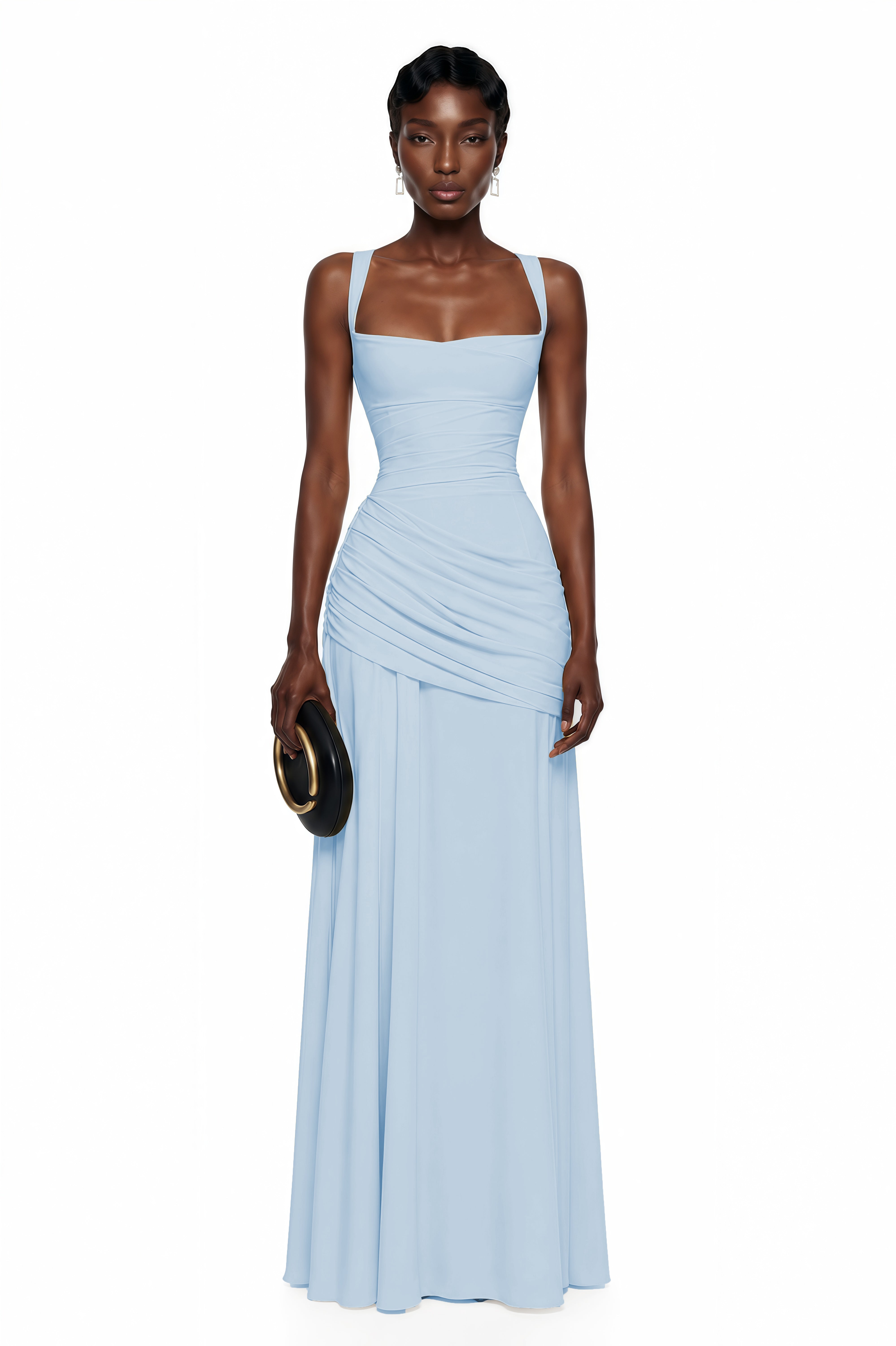 Light blue maxi dress with thick straps, a gathered corset bodice, and a draped asymmetric skirt