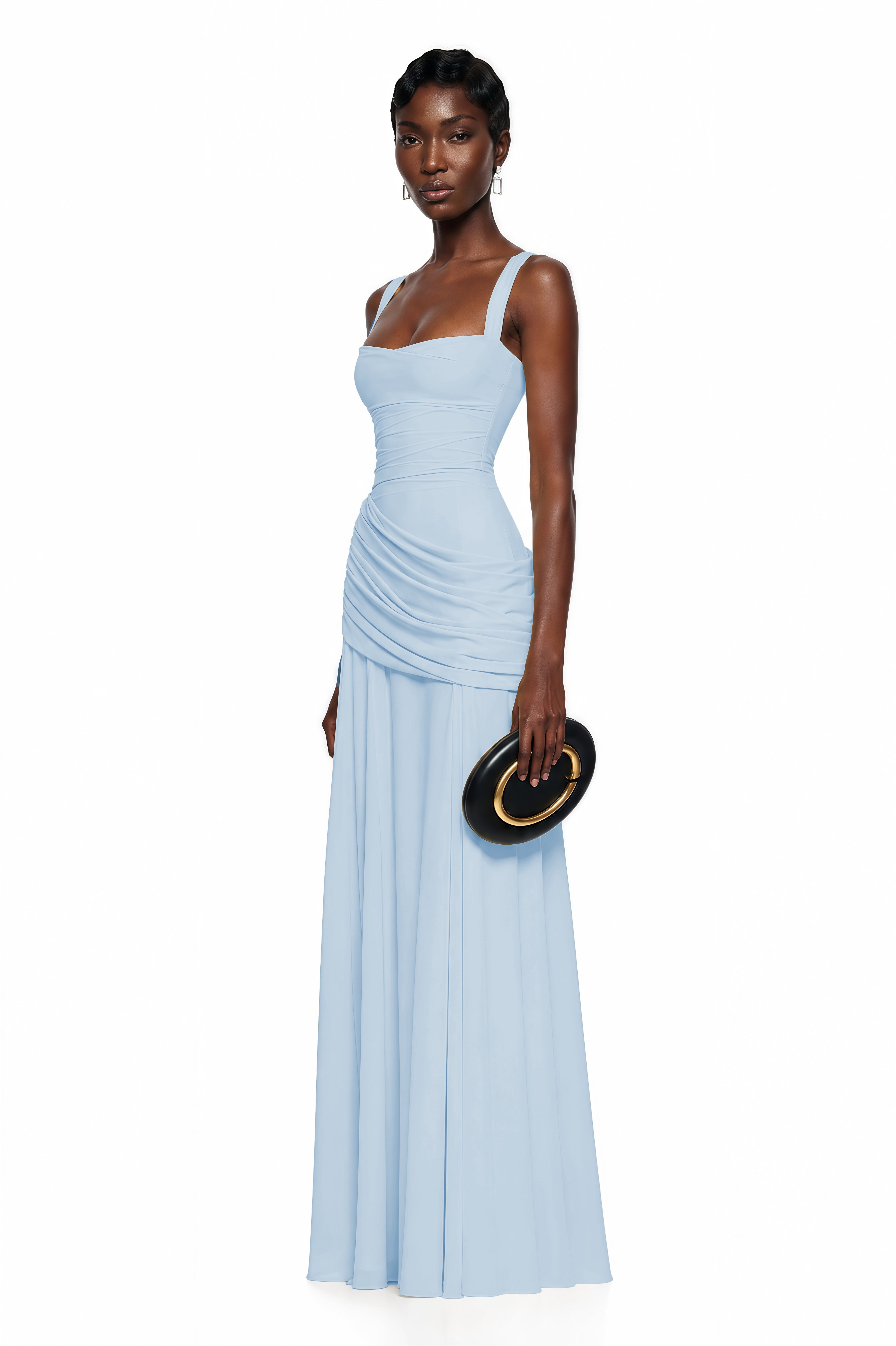 Light blue maxi dress with thick straps, a gathered corset bodice, and a draped asymmetric skirt
