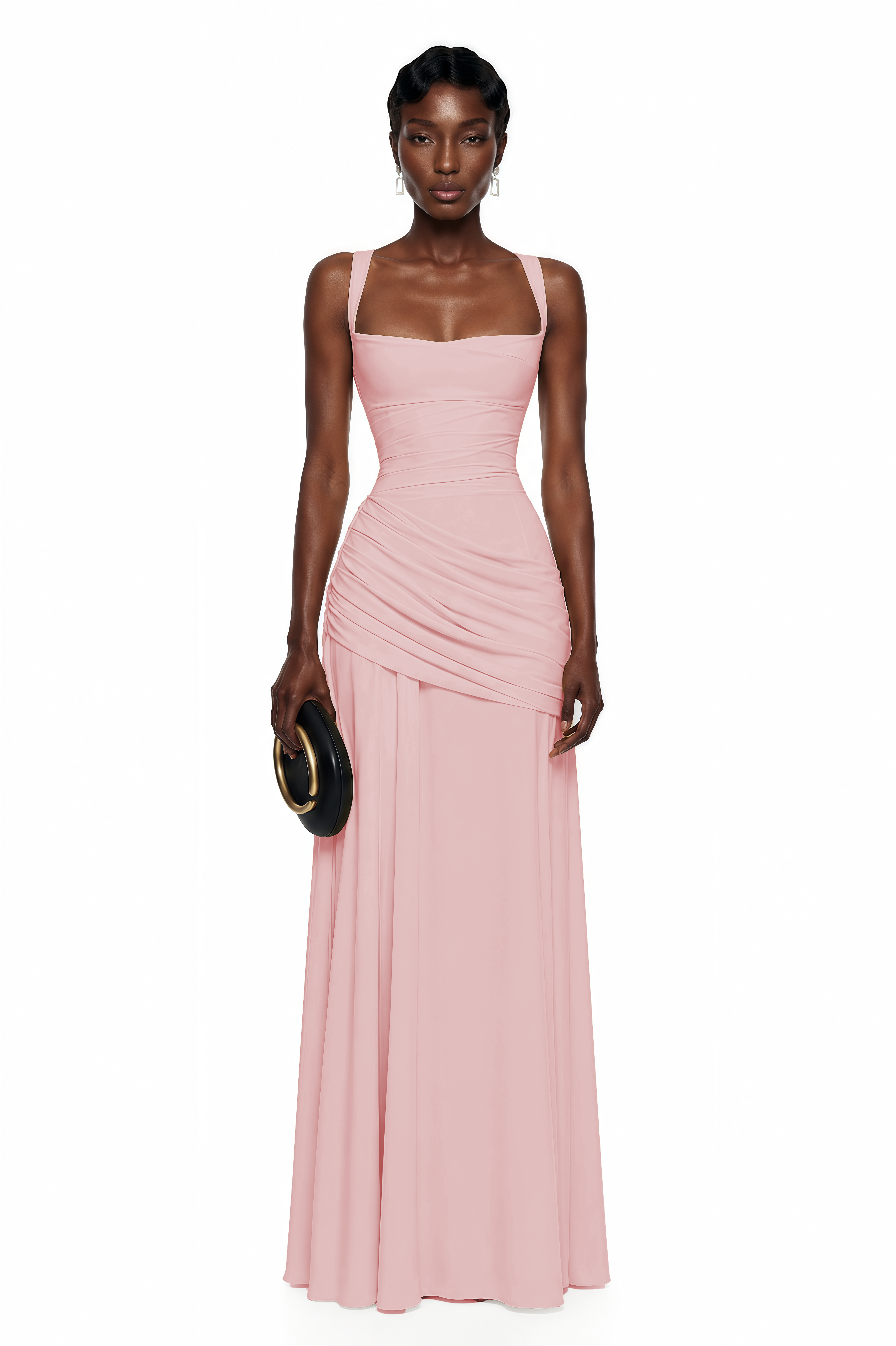 Pink square-neck sleeveless maxi dress with a gathered, draped bodice and matching long skirt