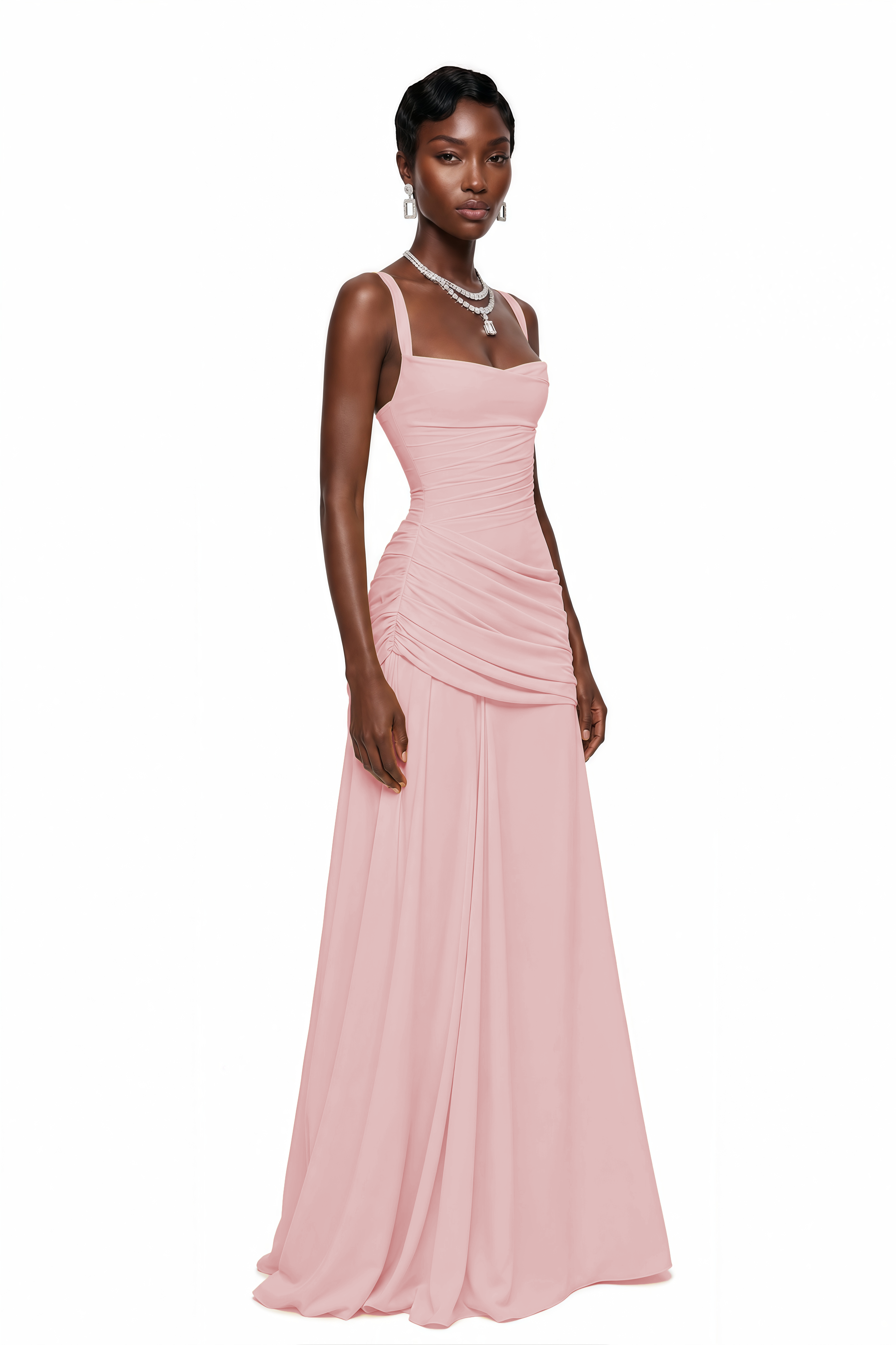 Pink square-neck sleeveless maxi dress with a gathered, draped bodice and matching long skirt