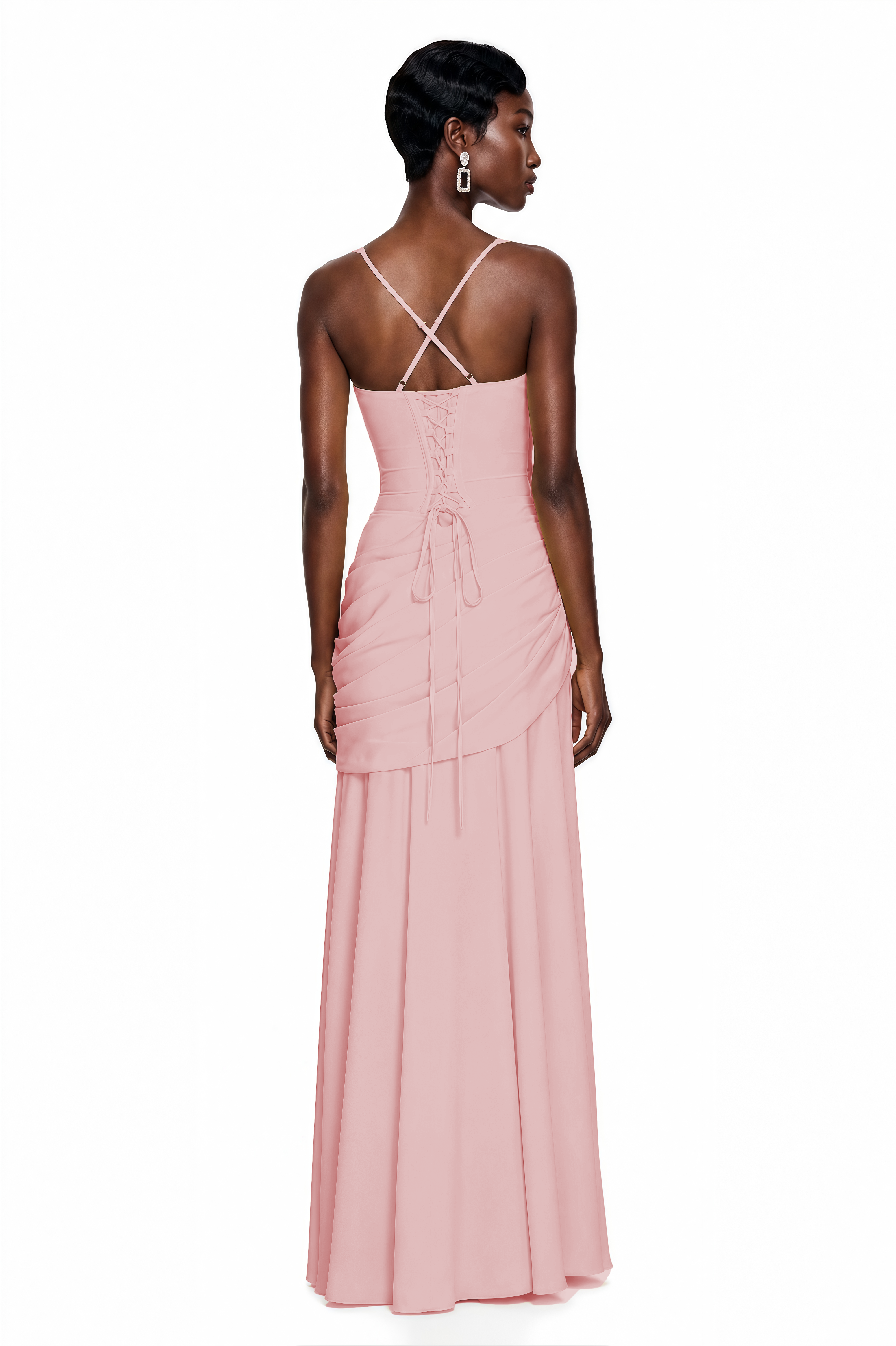 Pink square-neck sleeveless maxi dress with a gathered, draped bodice and matching long skirt