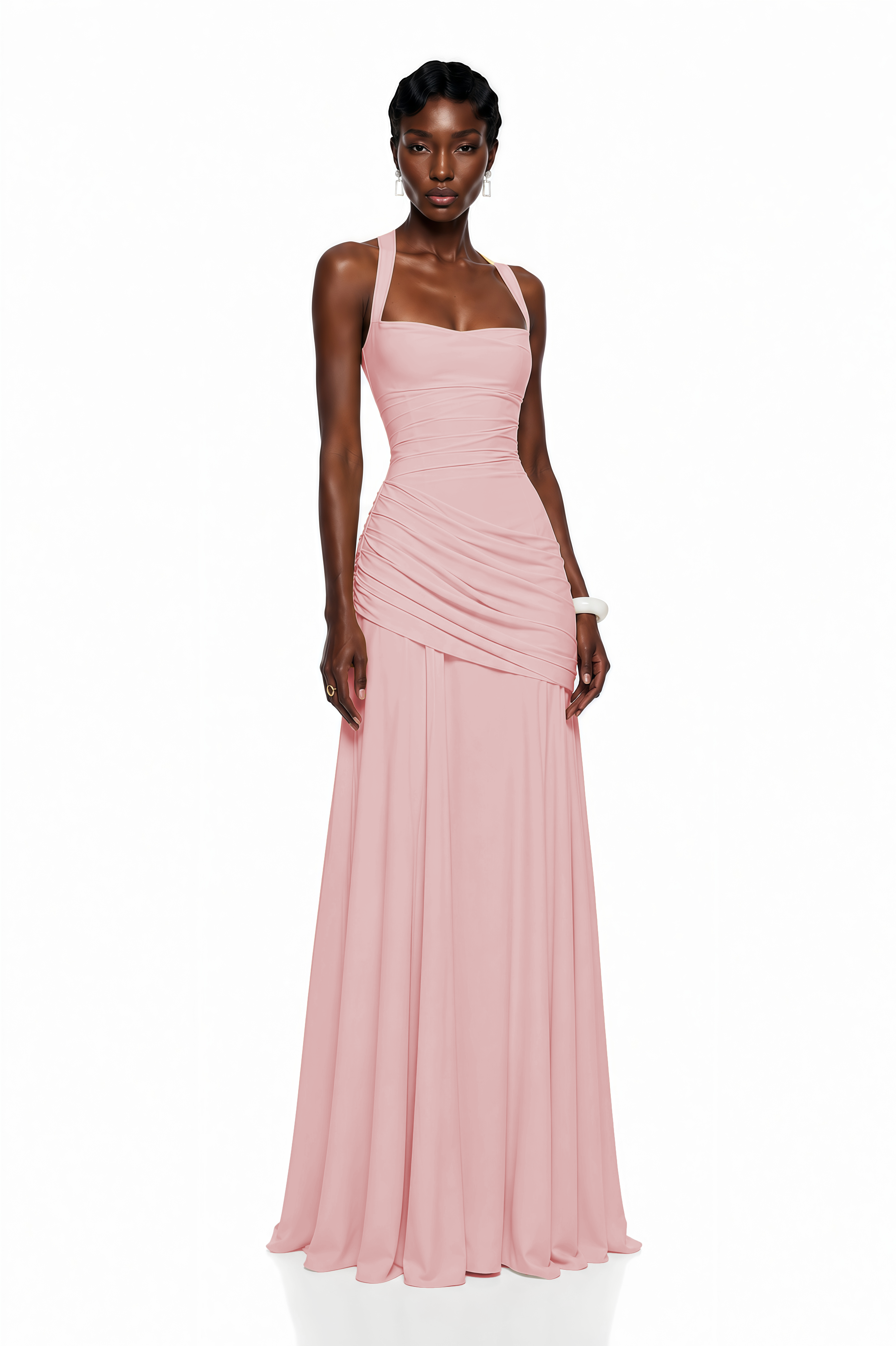 Pink square-neck sleeveless maxi dress with a gathered, draped bodice and matching long skirt