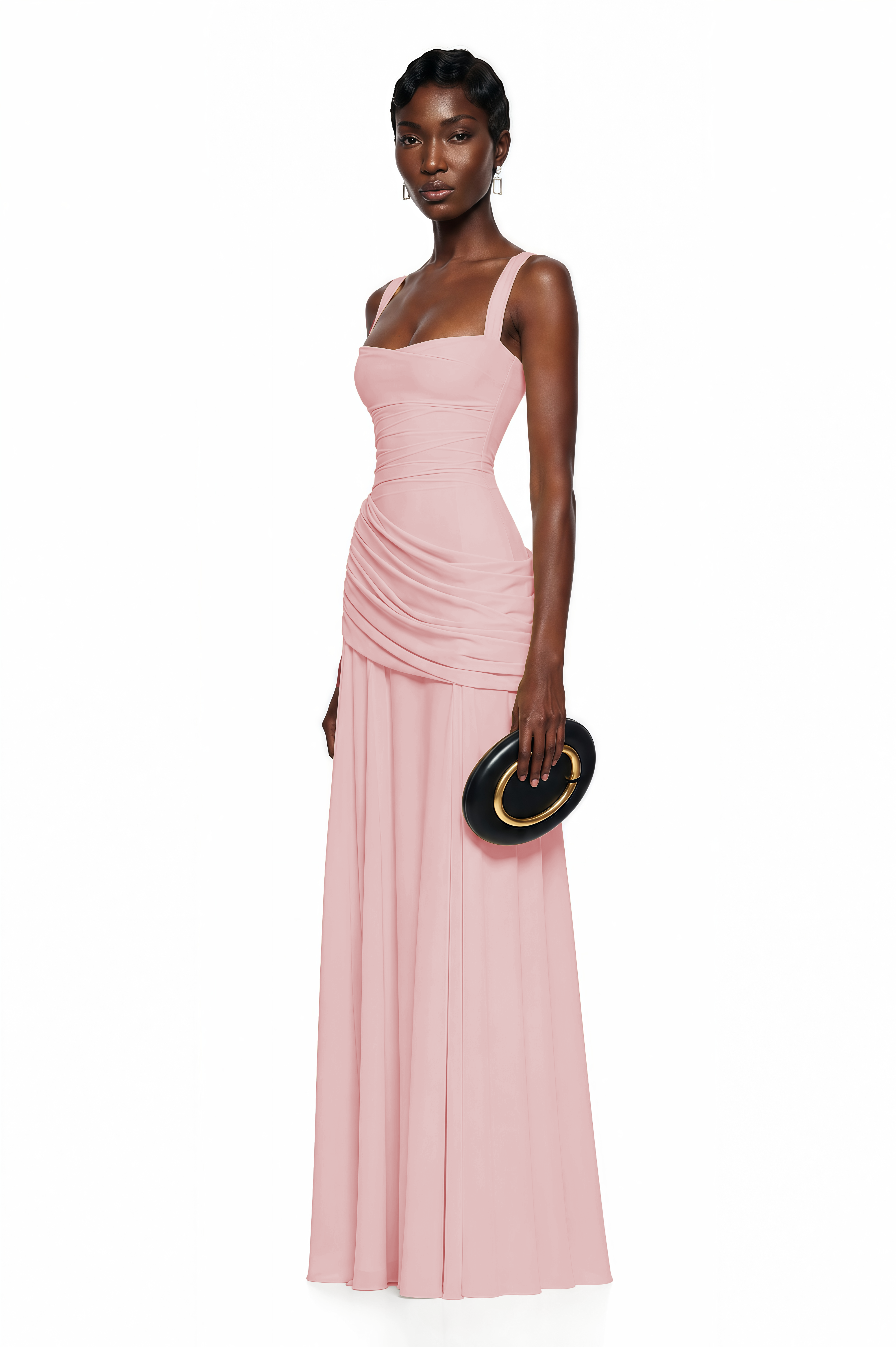 Pink square-neck sleeveless maxi dress with a gathered, draped bodice and matching long skirt