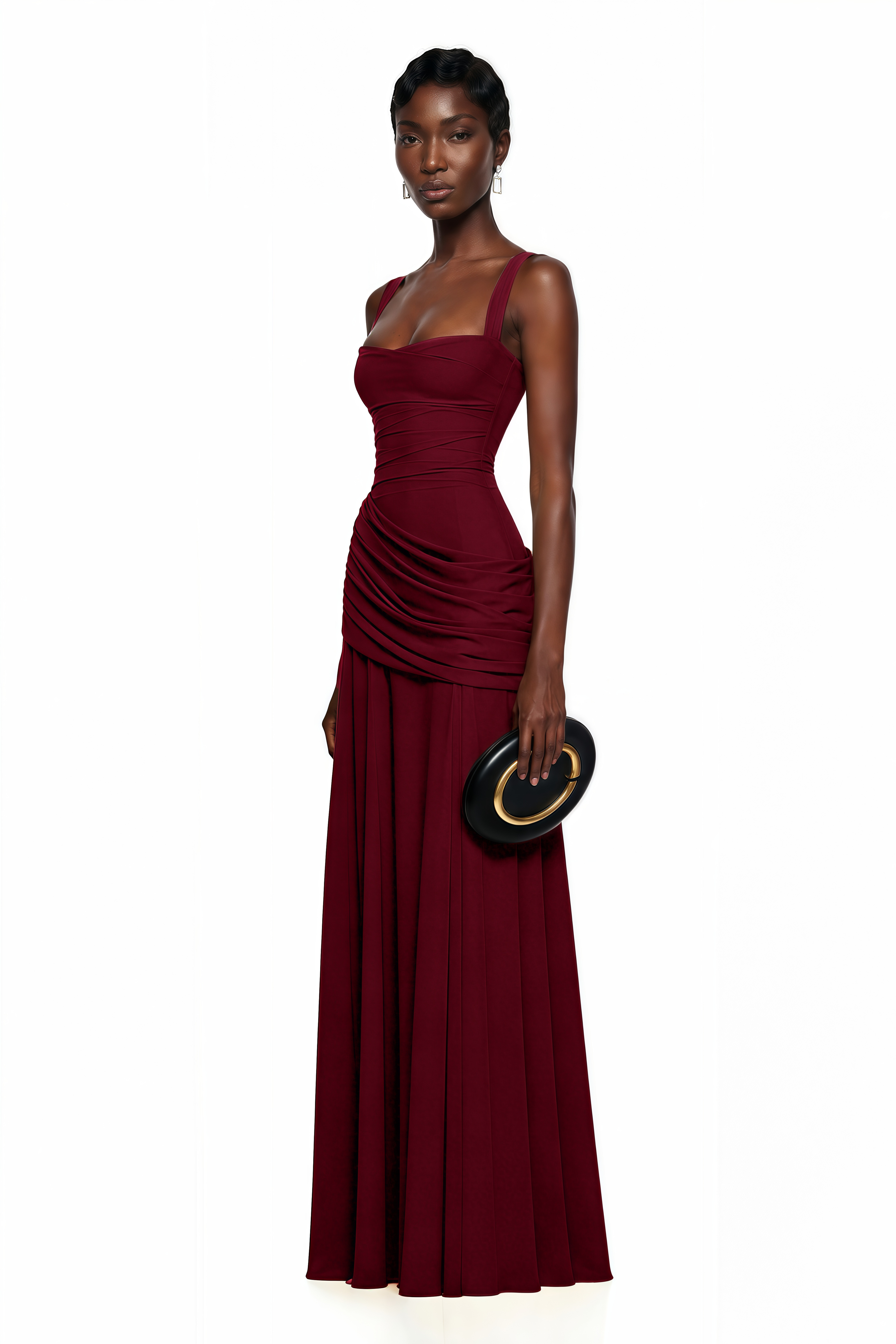 Burgundy maxi dress with thick straps, a square neckline, and a draped, ruched asymmetric skirt