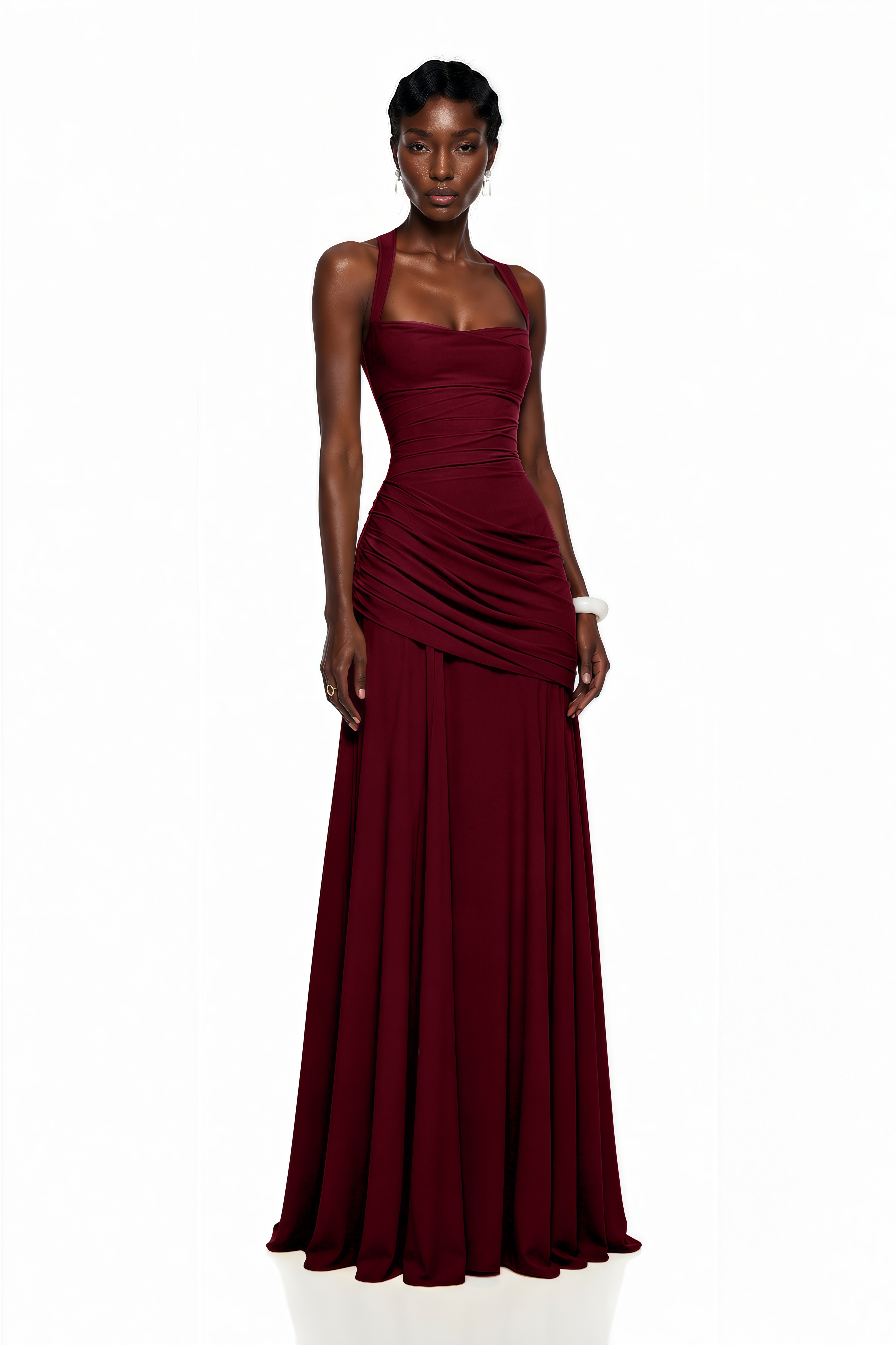 Burgundy maxi dress with thick straps, a square neckline, and a draped, ruched asymmetric skirt