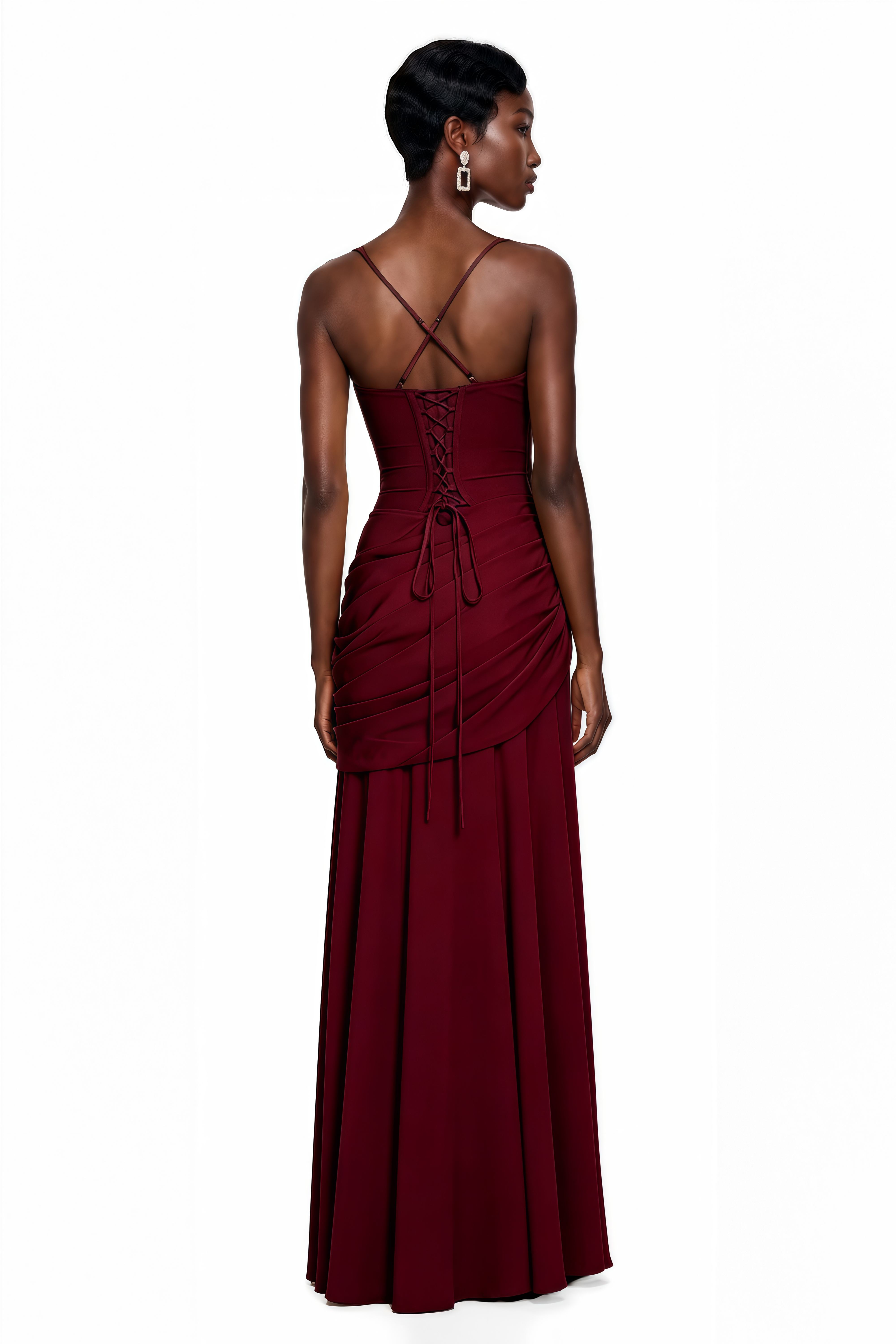Burgundy maxi dress with thick straps, a square neckline, and a draped, ruched asymmetric skirt