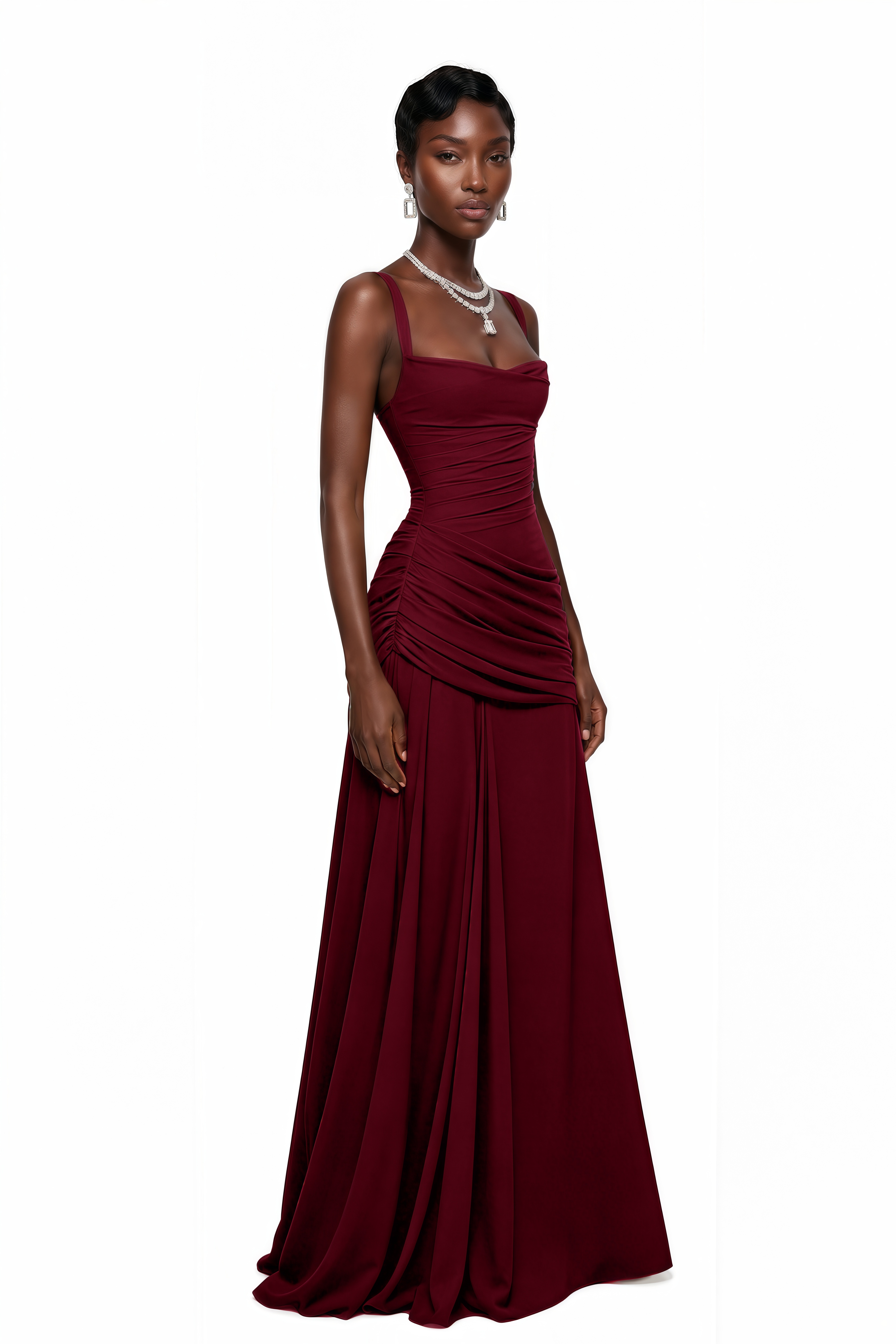 Burgundy maxi dress with thick straps, a square neckline, and a draped, ruched asymmetric skirt