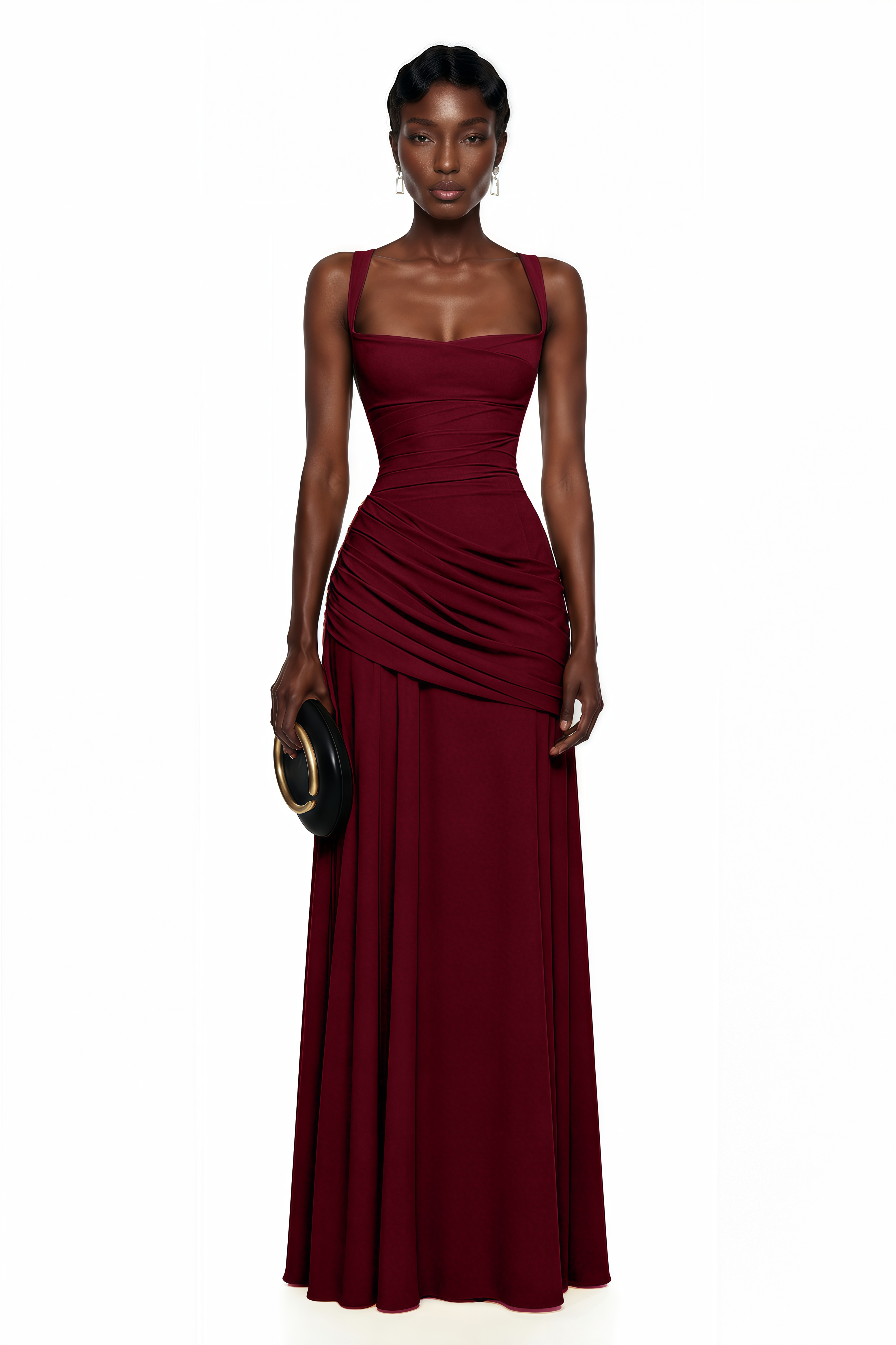 Burgundy maxi dress with thick straps, a square neckline, and a draped, ruched asymmetric skirt